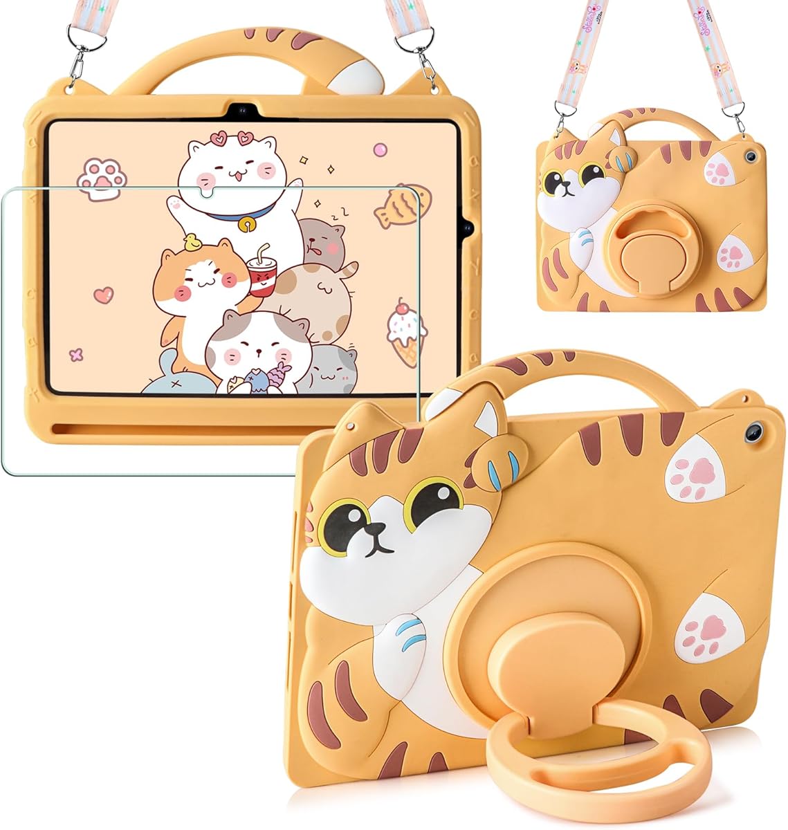 for Galaxy Tab A9 Plus 11 Inch Case Kids Girls for Samsung Tablet Cases with Screen Protector Rotating Stand Lanyard Soft Silicon Cute Cat Cover for Samsung Tab A9+ Case 11 Inch