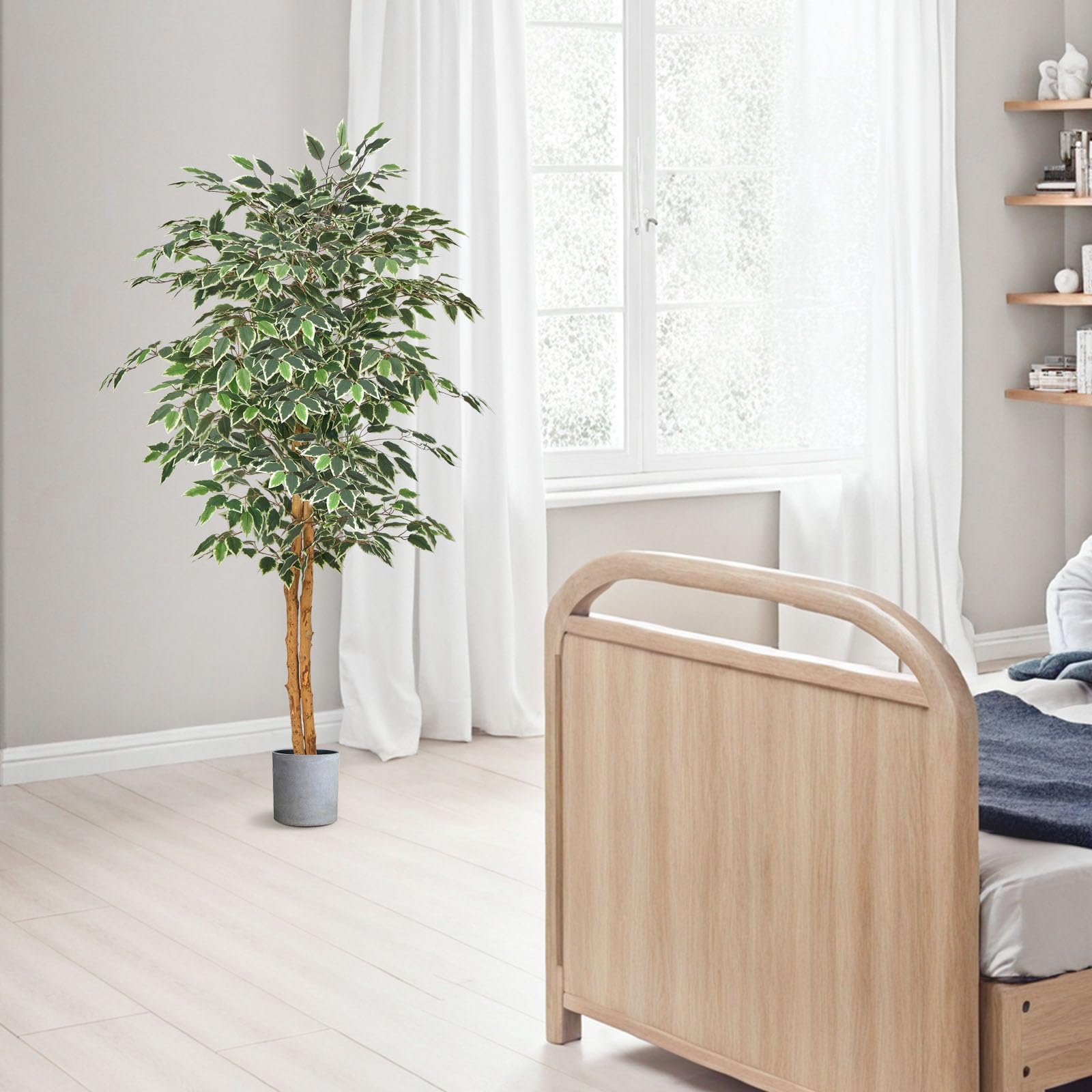 VEVOR 150 cm Albero di Ficus Artificiale con Vaso Nero, Albero Finto Alto con Tronco in Legno Naturale e Foglie e Frutti Verdi Realistici, Pianta Artificiale da Interno per Casa, Ufficio, Soggiorno