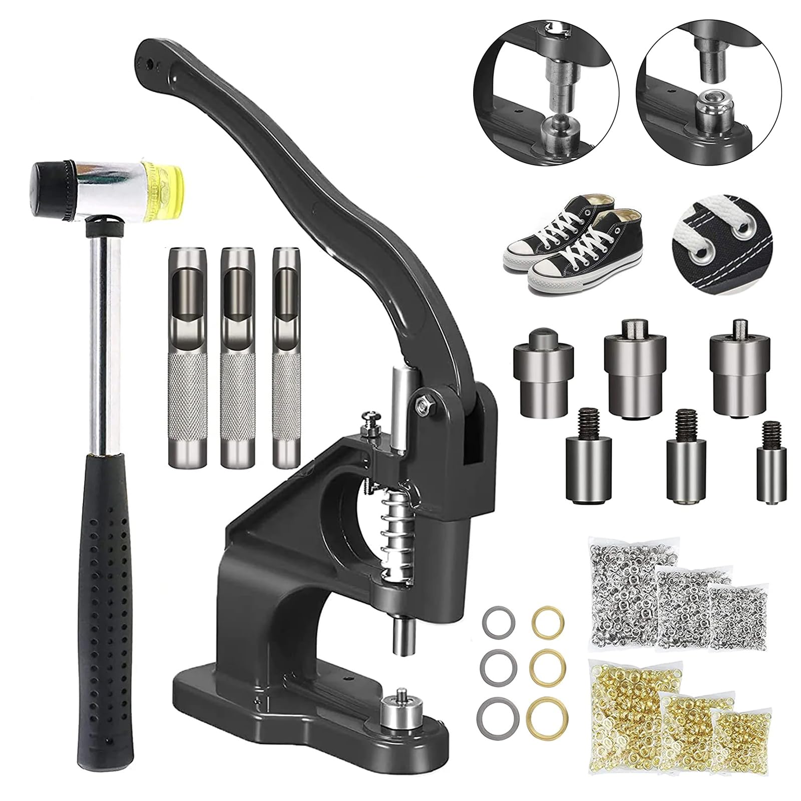 Top-spring Pressa con occhielli con 3 fustelle (6/10/12 mm) e 1500 occhielli per bottoni a pressione, set di pinze per occhielli per tessuti in pelle, teloni e piastre, con occhielli e matrici a