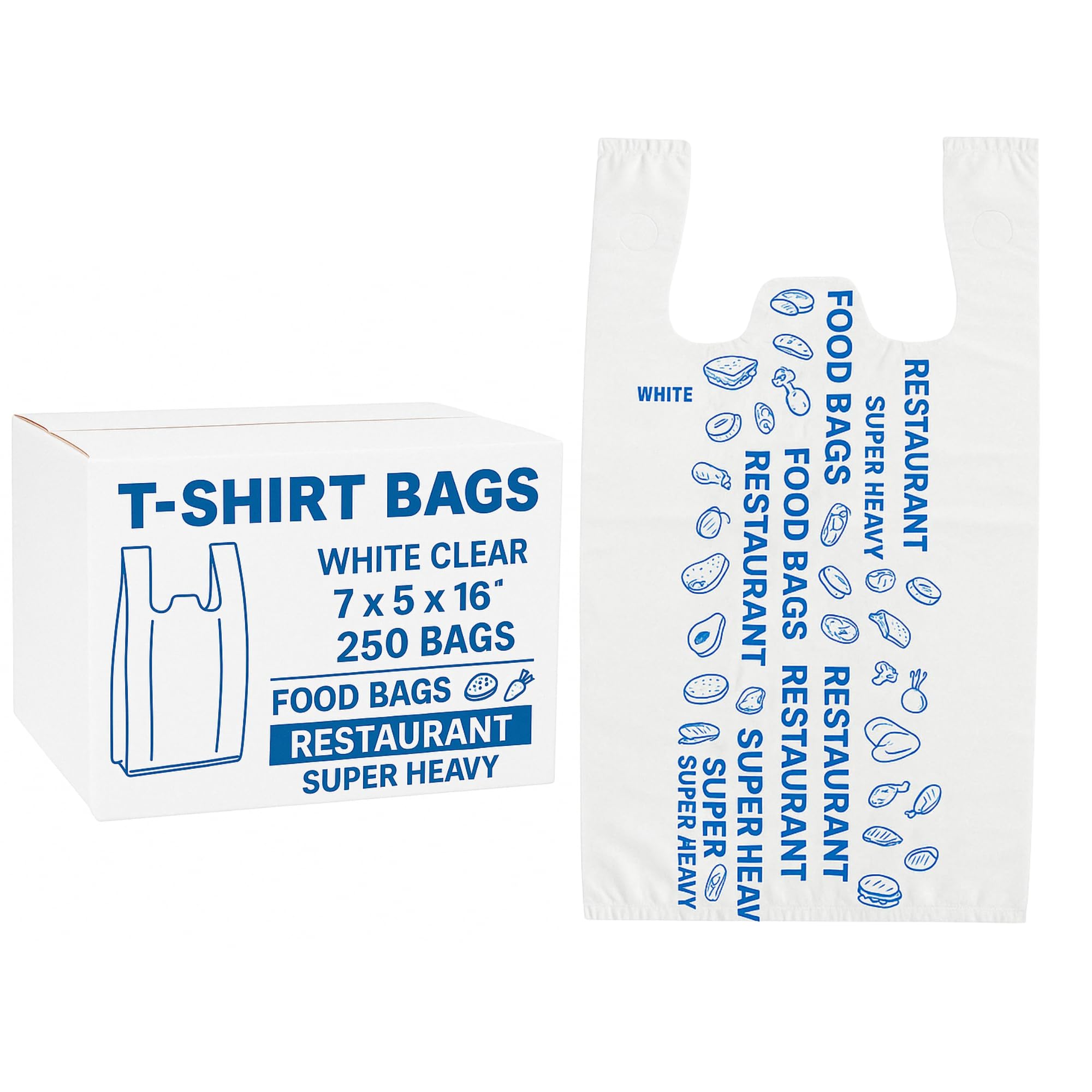 White Plastic Restaurant T-Shirt Bags (250 Count) | Size 7" x 5" x 16" – Super Heavy Duty Carry Bags with Handles for Food Service, Take Out and