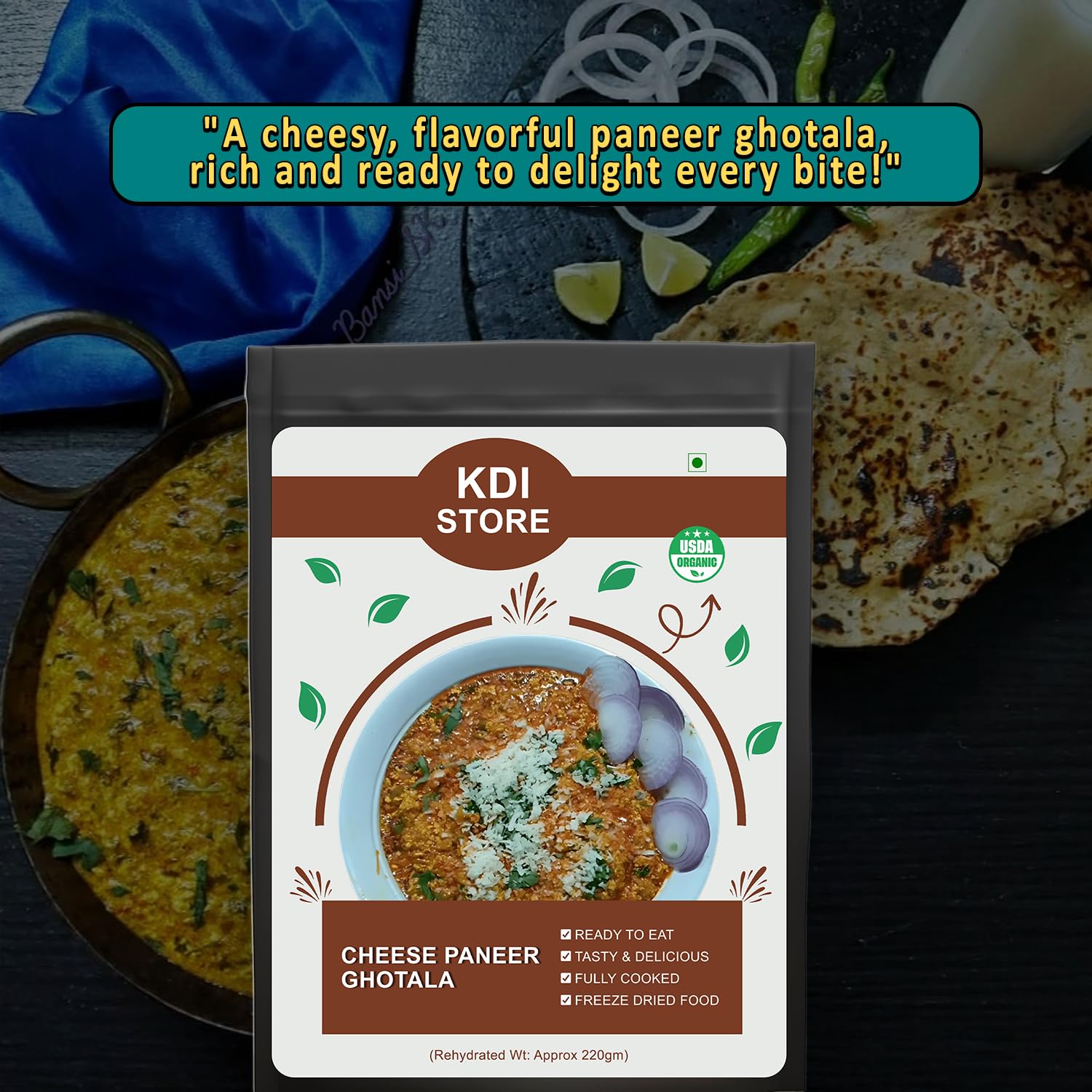 KDI Store Cheese Paneer Ghotala, Ready to Eat Indian Curry, USDA Organic, Freeze Dried Food, Fully Cooked, 60g