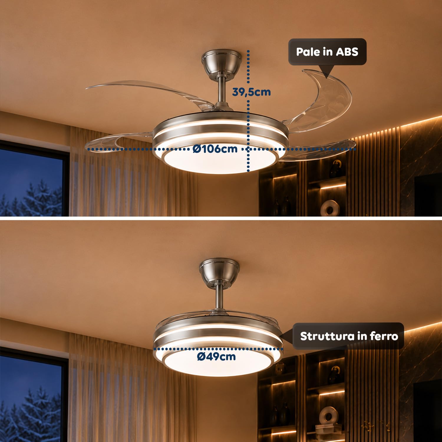 Avilia - Ventilatore da Soffitto con Pale Retrattili - Diametro 106 cm in Ferro/ABS - LED 72W Dimmerabile 3 Tonalità di Luce Integrata Calda Naturale e Fredda - 6 Velocità, Telecomando e Timer 2h