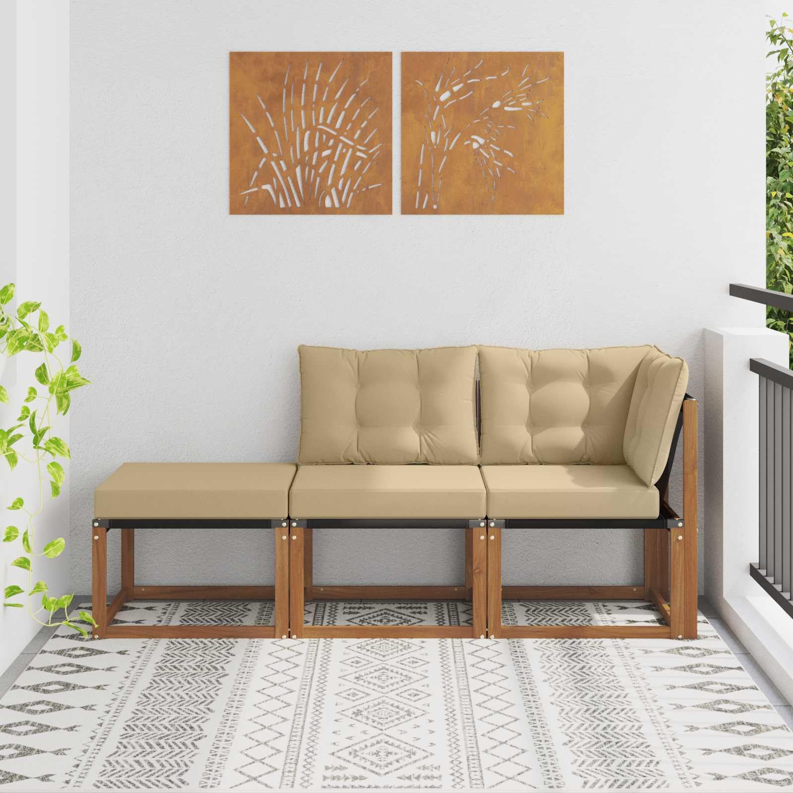 vidaXL Unidades de Sofá Modular de Exterior 3 Pieza Natural y Beige, Muebles de balcón de Madera de Acacia, Set Lounge Moderno y Duradero, Ideal para jardín, Resistente al Clima, ¡con Estilo