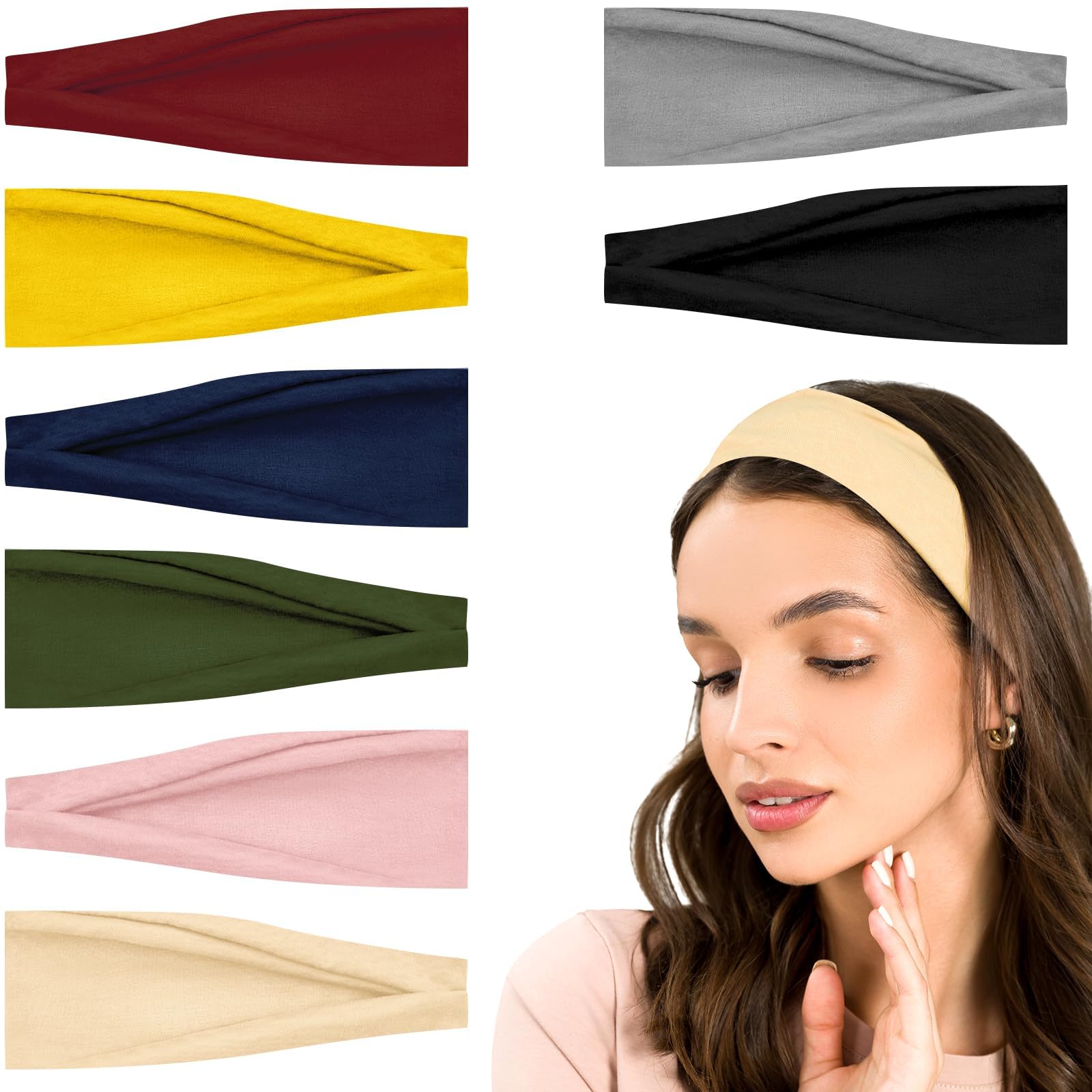 8 Pcs Headbands for Women, Fashion Head Bands, Soft Cotton Cloth Stretchy Headbands for Makeup Workout Yoga Running(Multicoloured)