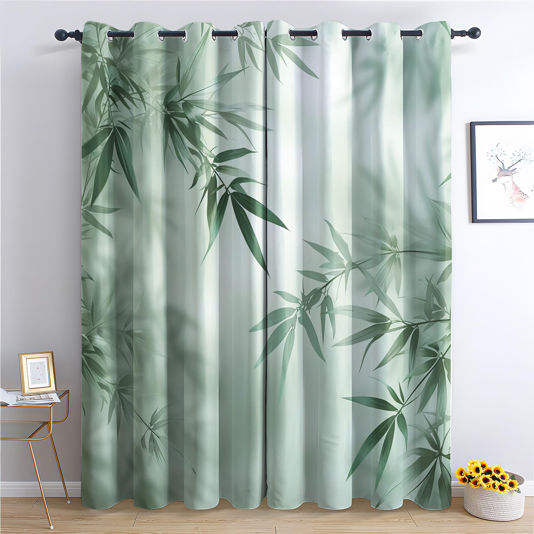 Zcwl Green Leaf Curtains For Bedroom Living Room, Botanical Patterned Blackout Curtains, Thermal Insulated Eyelet Curtain, 90 Drop Window Treatments Drapes, 66X90 Inch (W X L), 2 Panels