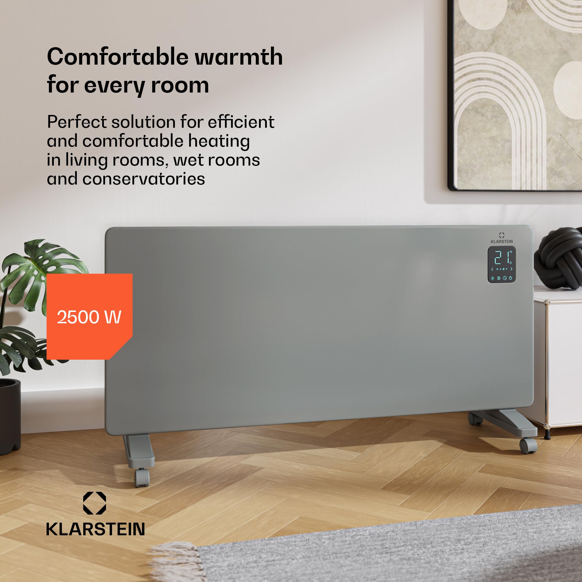 Klarstein Bansin Smart 2500 Grzejnik konwektorowy - 2500W, Sterowanie aplikacją, Montaż ścienny i wolnostojący, Element grzejny X-Shape, IP24, Grzejnik do pomieszczeń i ogrodów zimowych