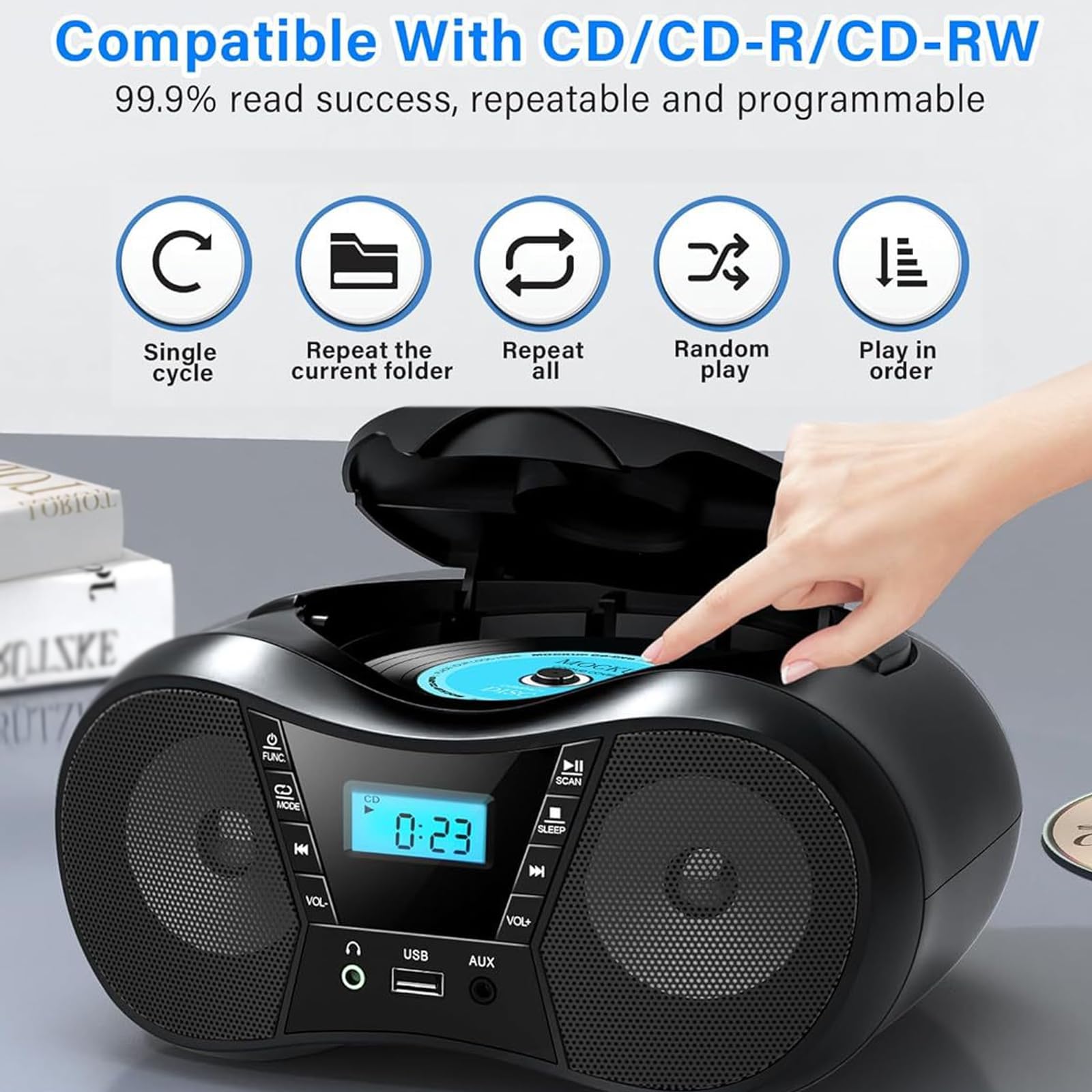 Reproductor de casetes Bluetooth CD Boombox Radio portátil, con asa, Altavoces estéreo duales, Compatible, admite AUX/USB/Auriculares.