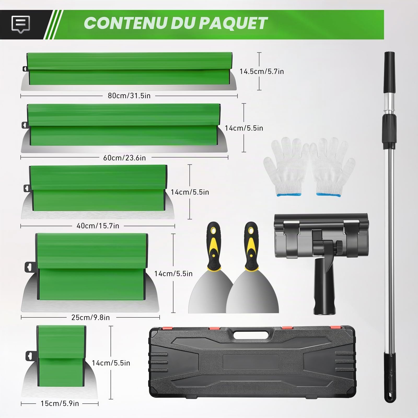 Set de spatules de surface professionnelles dans un coffret - 5x spatules de surface (demi-lune 190 mm, 250 mm, 400 mm, 600 mm, 800 mm) - 2x spatules à main - tige télescopique en aluminium