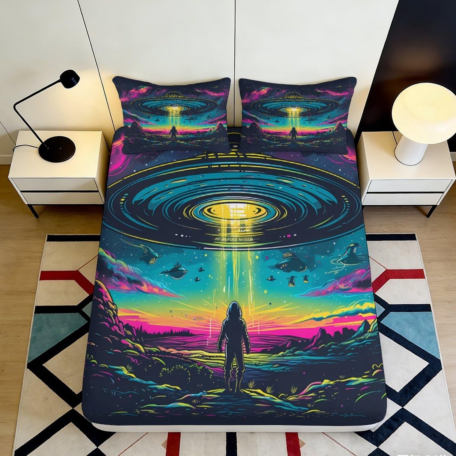 3D Printed Alien Abduction Fitted Sheet Microfiber Soft Bedroom Decor UFO Mattress Cover for Home Dorm Guest Room 90x200x25cm