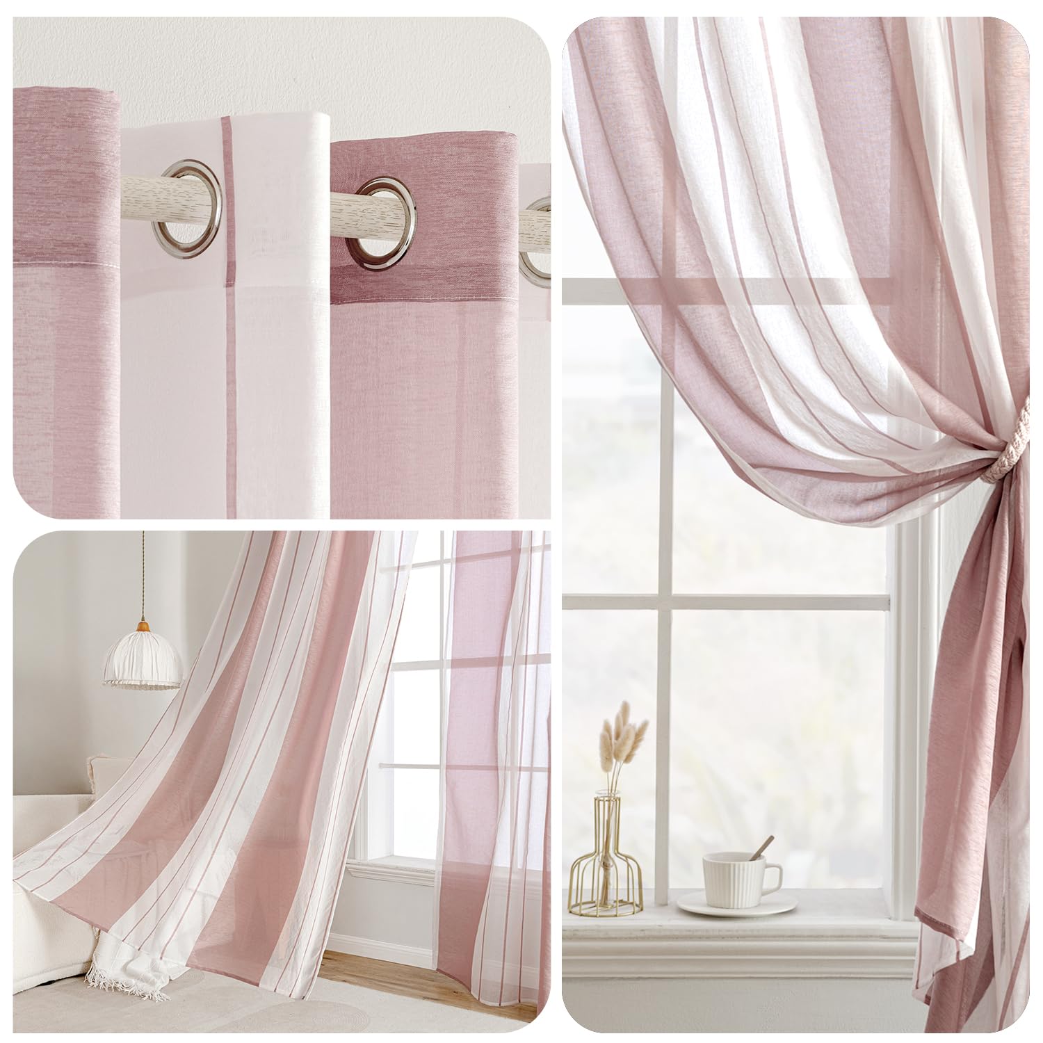 MIULEE Voile Gardinen Altrosa-Weiß mit Ösen 2er Set 140x160 cm