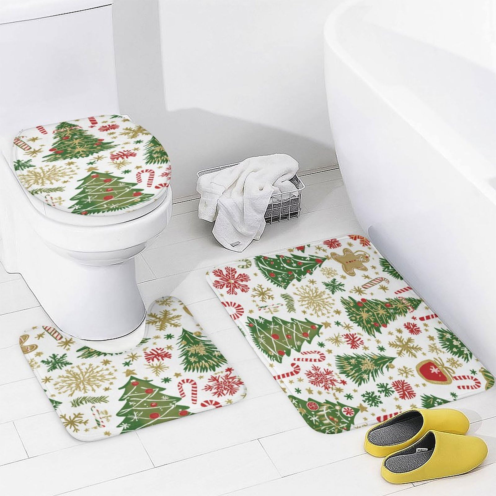 Feliz Navidad Baño de Cuatro Piezas Tappeto De Baño Absorbente Y Antideslizante, Ideal para Usar En Ducha Y Mantener El Suelo Seco 183×183cm