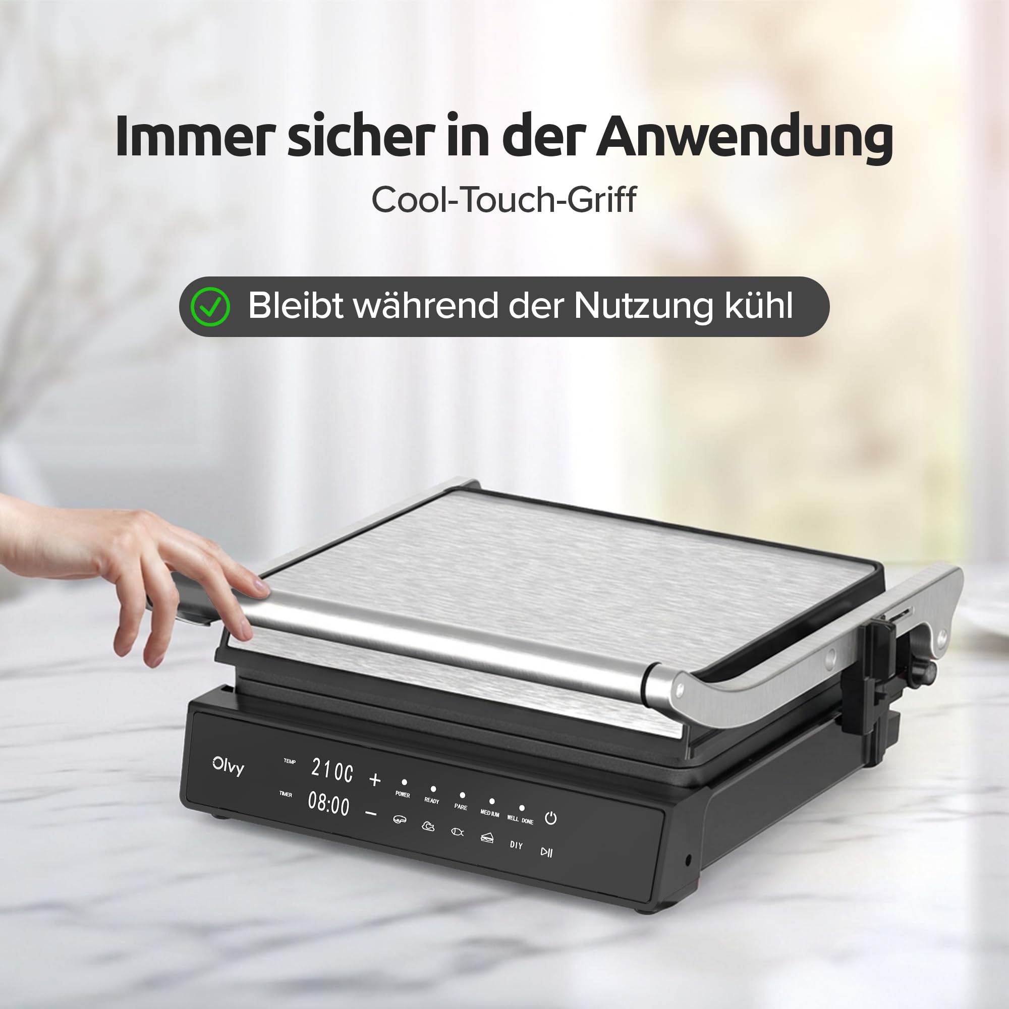 Olvy Kontaktgrill mit Touchscreen – PFAS-frei – 5 Automatische Programme – 180° Öffnung, 2000 W – Abnehmbare Antihaftplatten – Thermostat & Timer – Panini, Sandwich, Steak & Gemüse