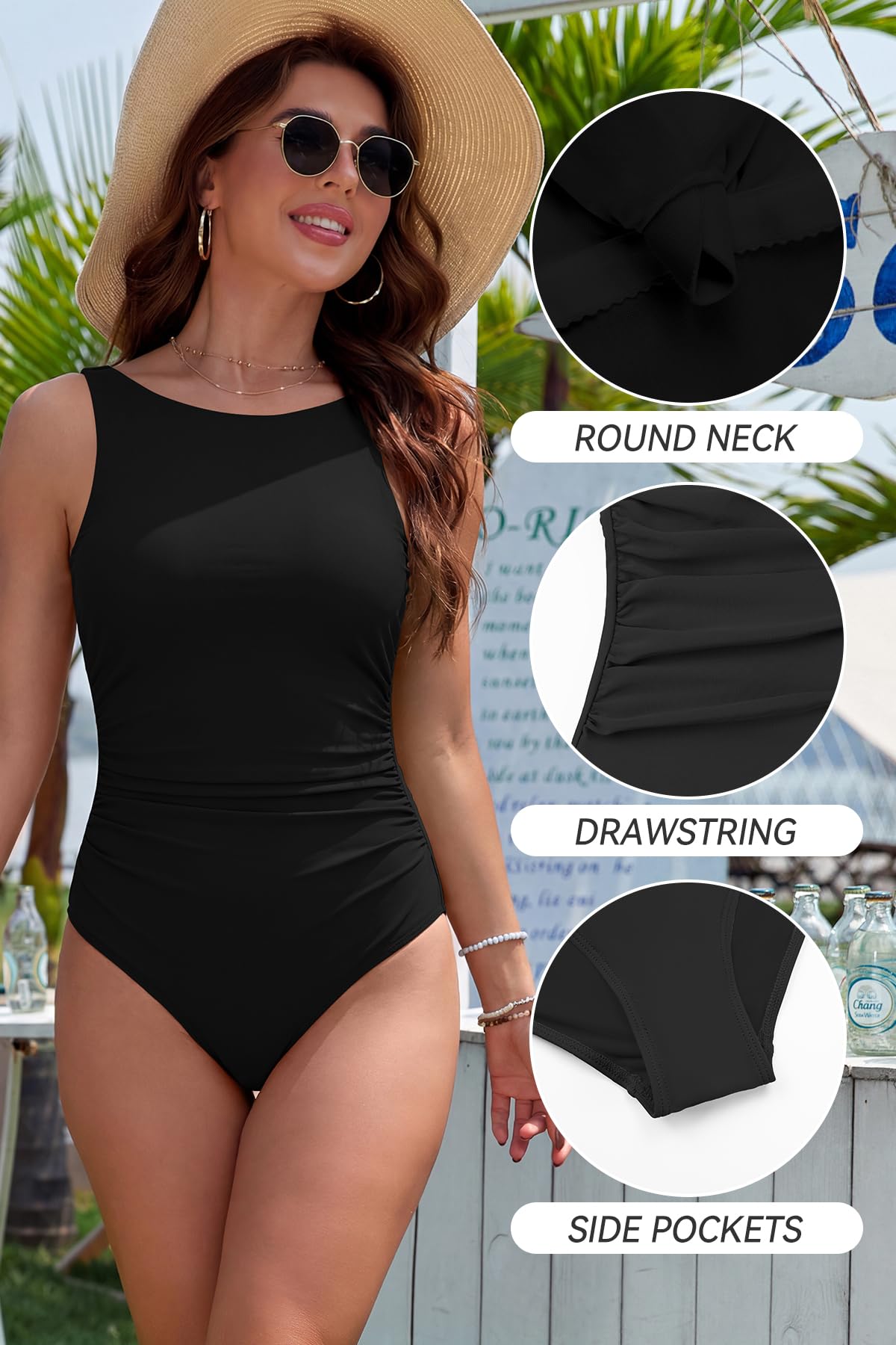 SHEKINI Costume da bagno intero con increspature per controllo della pancia, costume da bagno da donna con collo alto e schiena scoperta