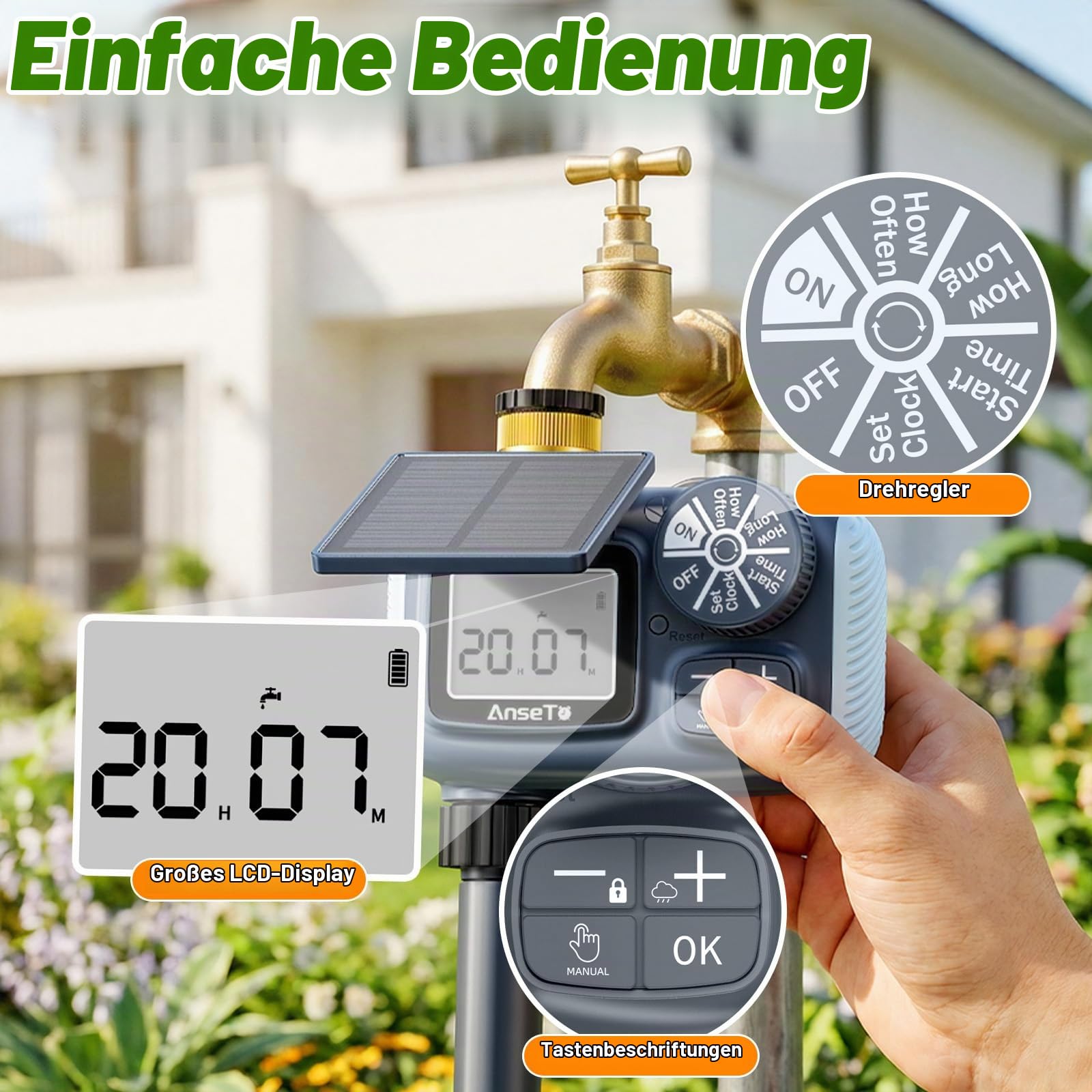 Solar Bewässerungscomputer mit Solar- & USB-C-Aufladung für Garten