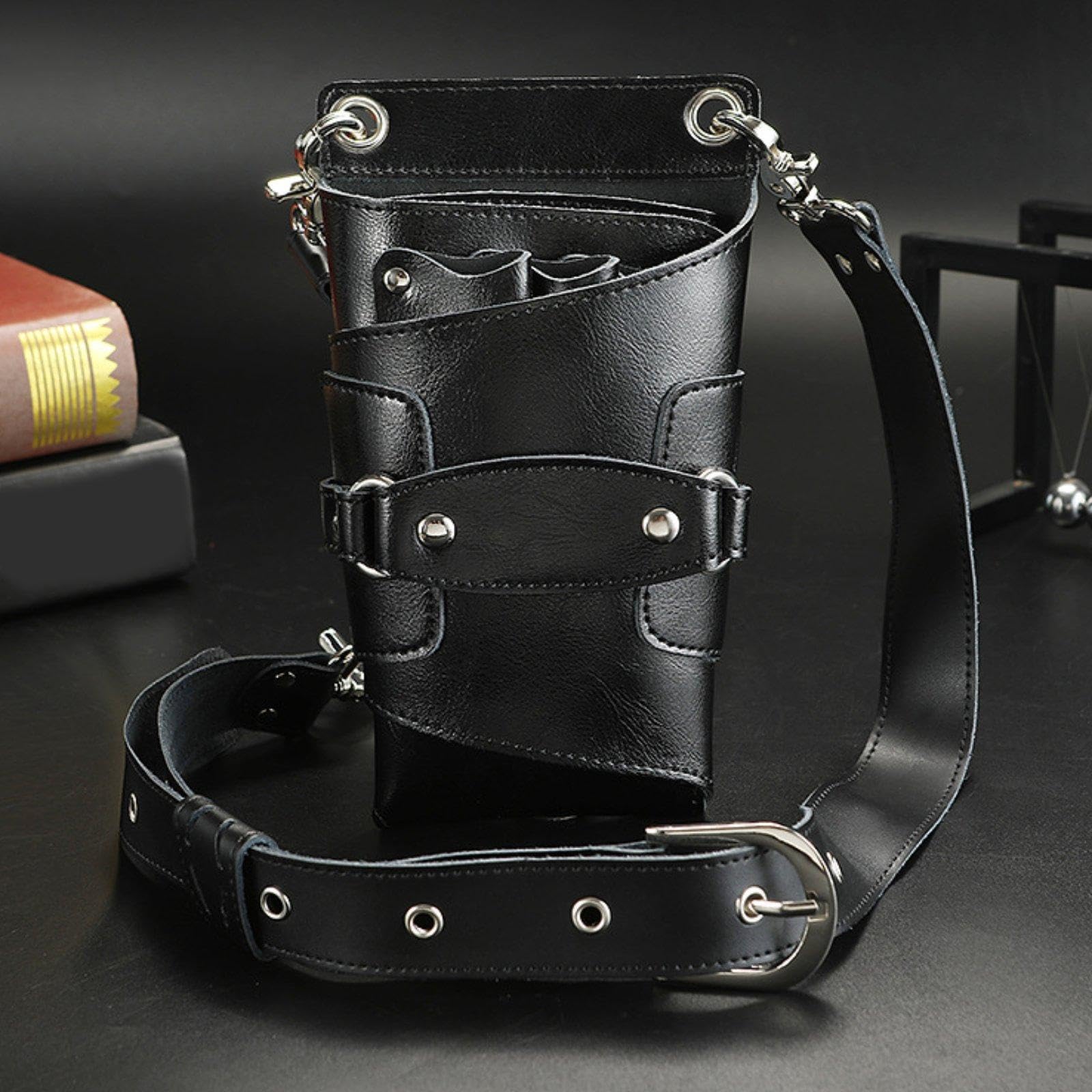 Custodia Porta Attrezzi Parrucchiere Borsa Multi Tasche Spalla Regolabile PU Morbida Porta Forbici Pettini Spazzole Clip Adatta per Saloni, Nero