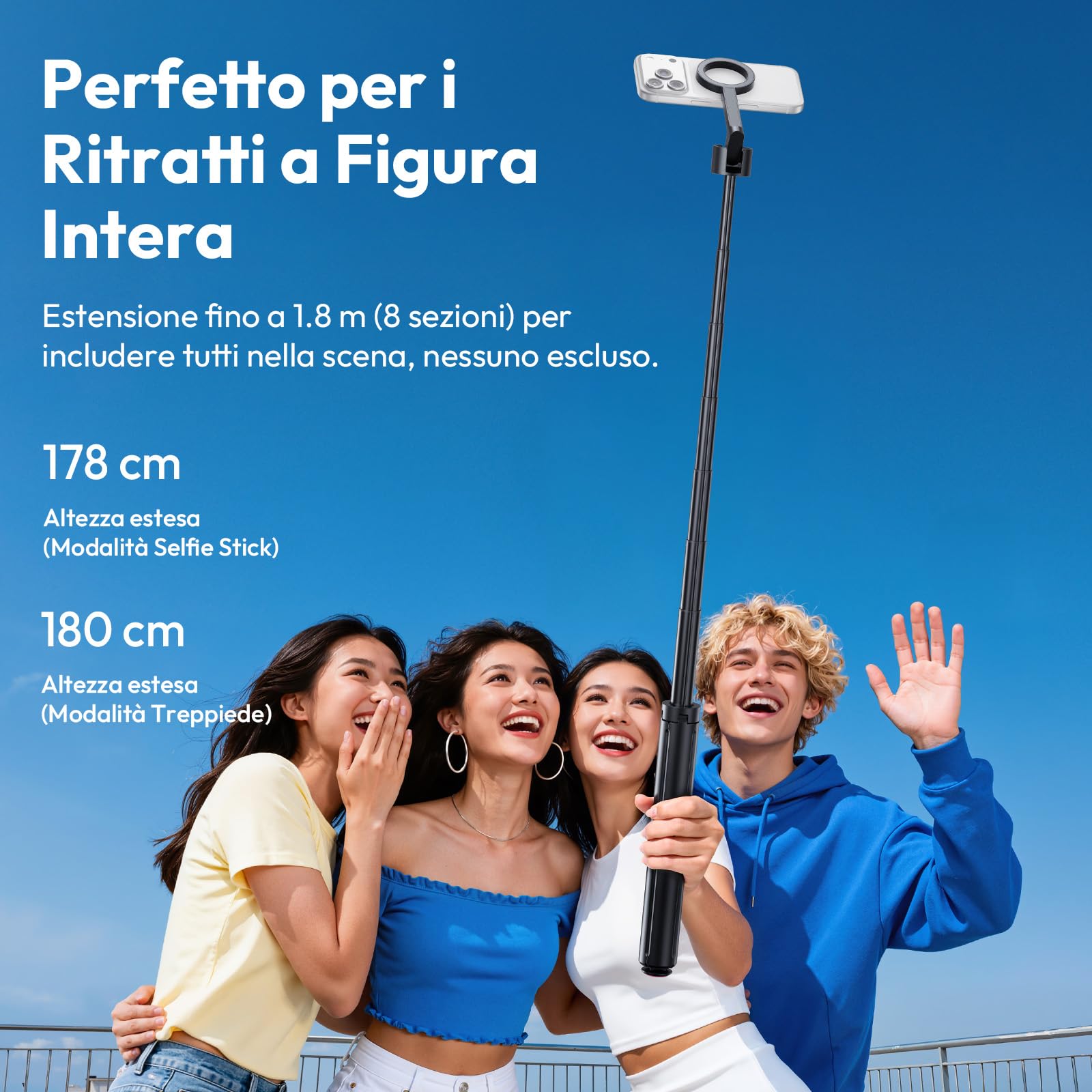 180cm ULANZI SK21 Bastone selfie magnetico 4 Gambe, Apertura e chiusura automatica,Cavalletto telefono con calamita telecomando ricaricabile,Treppiede smartphone magpod,Compatibile con iPhone 17 16 15