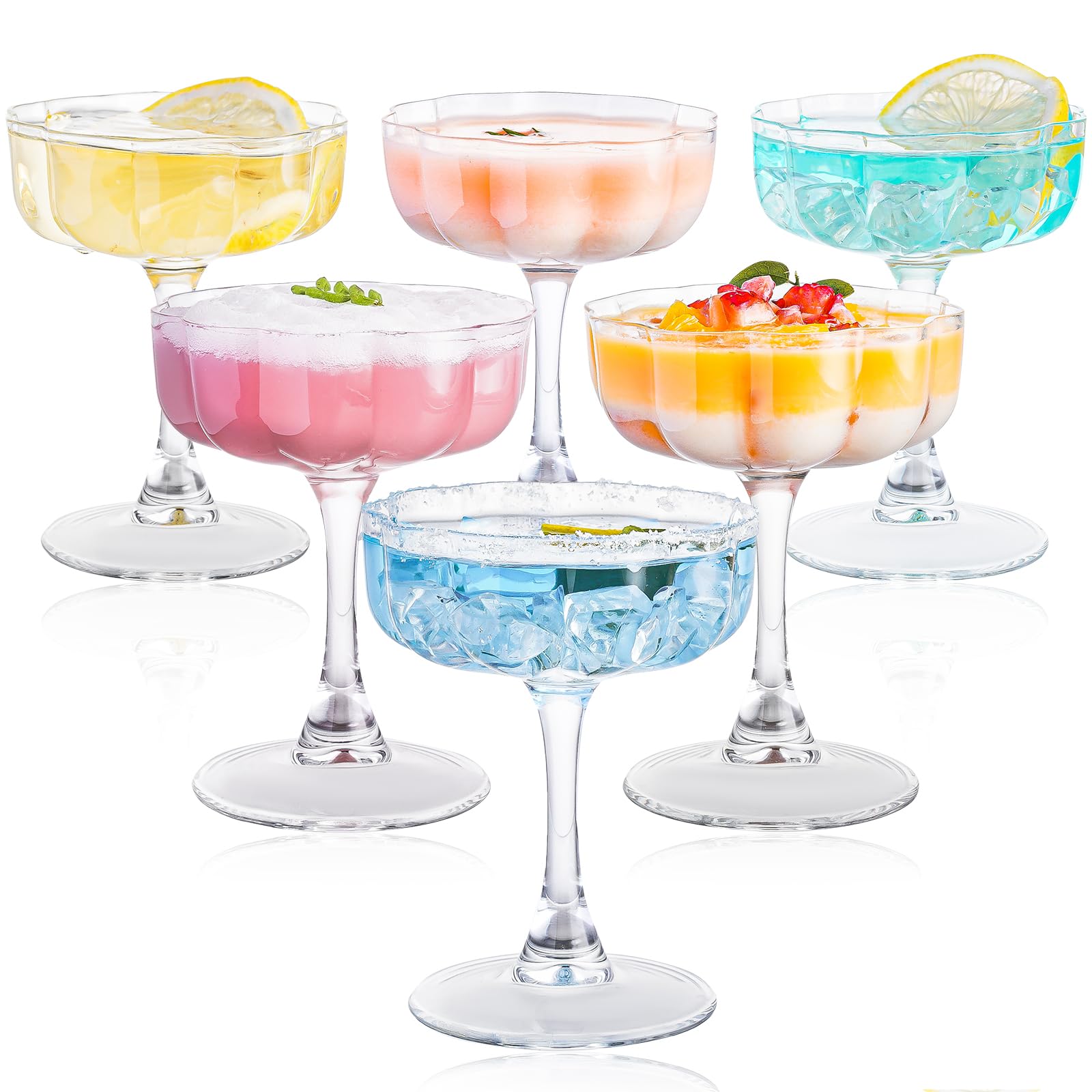 Vintage Art Deco Coupe Glasses, Set of 6 Flower Wave Coupe Cocktail Glasses, 6.5oz Classic Martini Glasses, Hand Blown Manhattan Goblet for Bar, Martini, Cosmopolitan, Gimlet, Pisco Sour