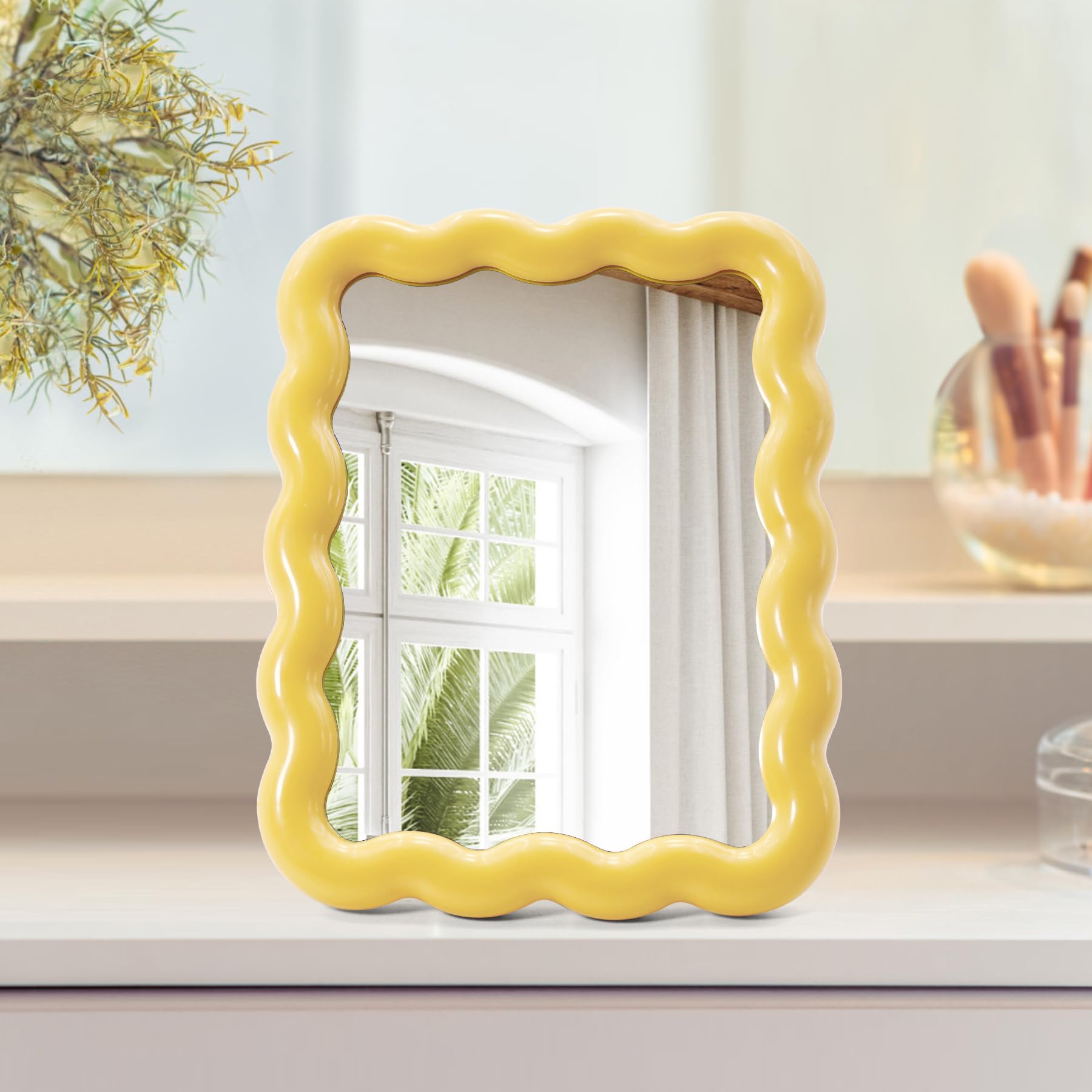 Philbinden Cute Wave-Shaped Desk Vanity Makeup Mirror, Portable Folding Travel Make Up Mirror for Standing/Hanging, Home Decorations Mirror for Women