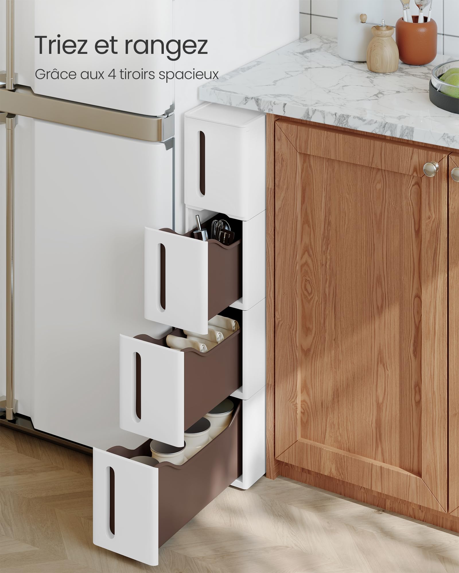 SONGMICS Étagère de Rangement à Roulettes pour Petits Espaces, Chariot Roulant avec 4 Tiroirs, Largeur 17,3 cm, Fin, Salle de Bain, Cuisine, Plastique PP, 45,2 x 17,3 x 84 cm, Blanc et Marron KFR08WT