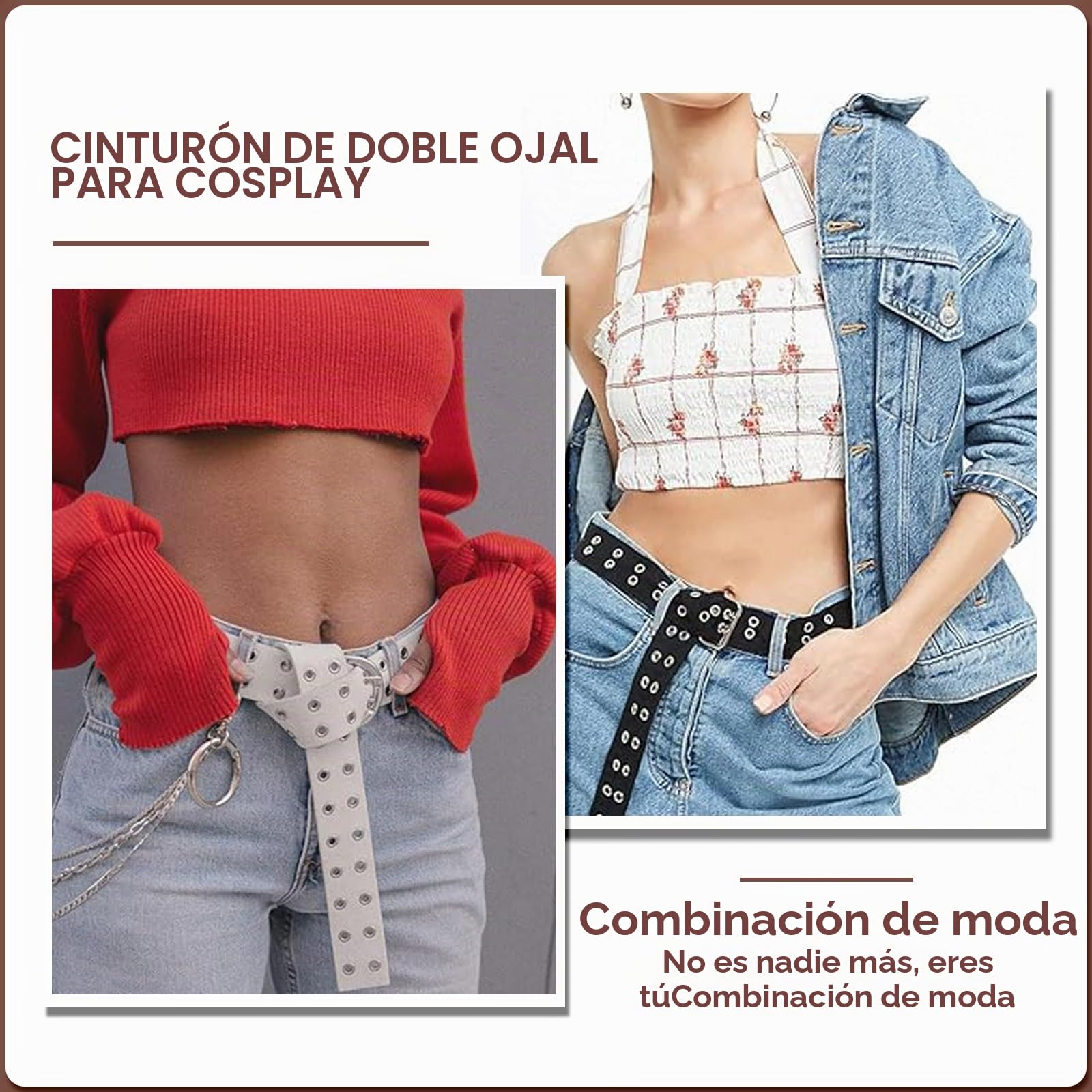 2 Piezas Cinturón para Niña, Cinturones de punk rock para hombres y mujeres, Cinturón de Cuero de PU Moda, Accesorios de Vestir, Cinturón de Doble Ojal, para jeans, pantalones, rockwear