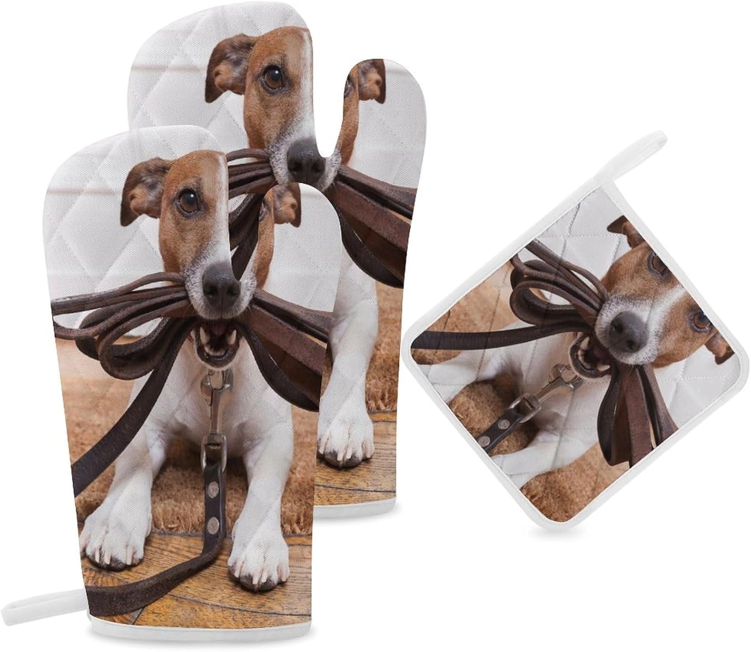 Cute Jack Russell Terrier Dogs Print Oven Mitts and Pot Holders 3 Piece Sets Heat Resistant Gloves Hot Pads Potholders for Kitchen Baking Cooking