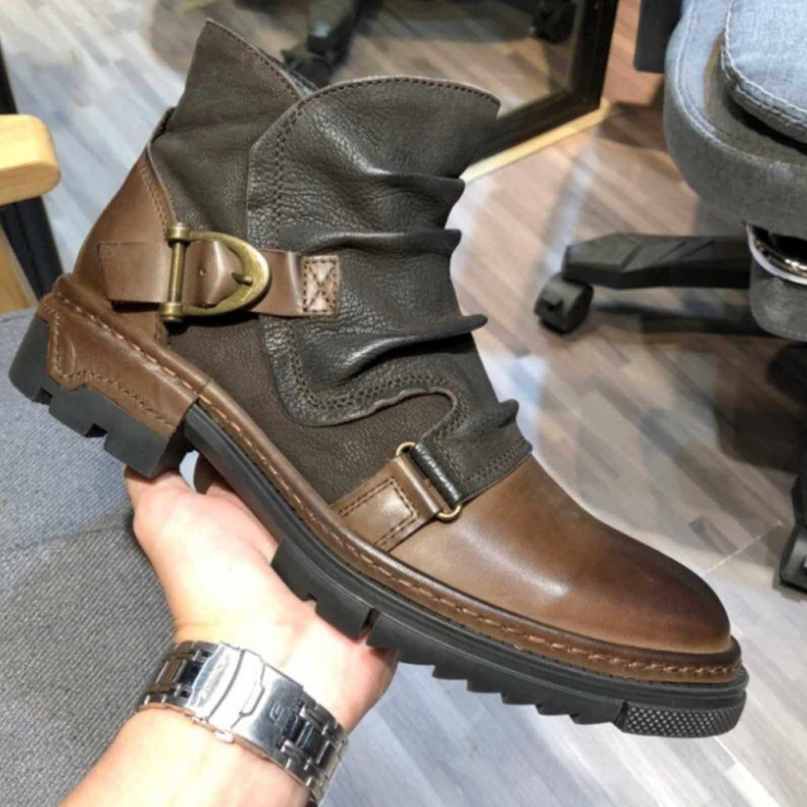 Generisch Stivaletti da uomo con tacco nero, scarpe da trekking per uomo e donna, scarpe da lavoro per attività all'aria aperta, suola leggera e spessa, antiscivolo, stivali corti in pelle con tacco