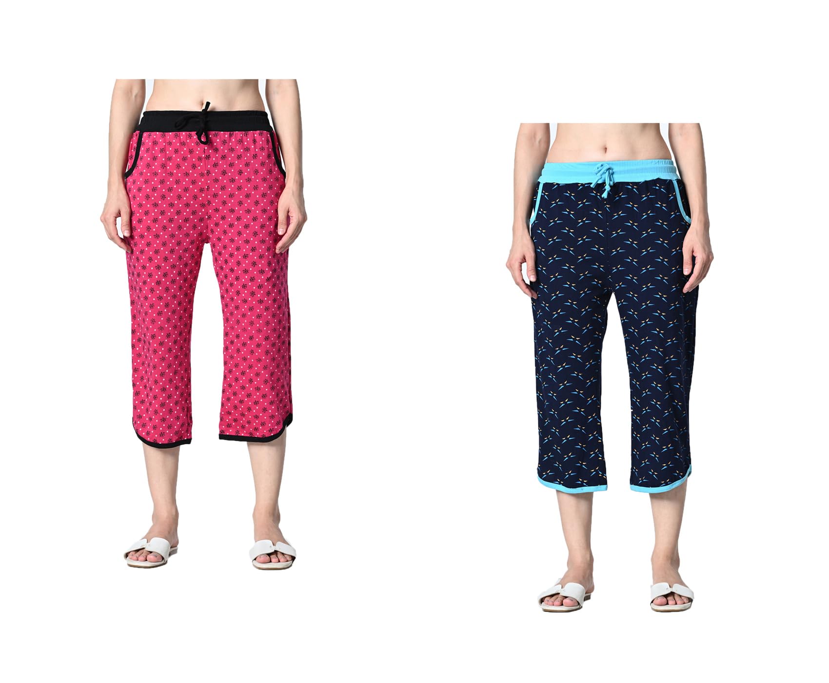 kayu Pack of 2 Women’s Cotton Printed Nightwear Capri with Both Side Pockets, Elastic Waist & Drawstring Nada, Soft Comfortable Sleepwear Capri Multicolor-picture-32