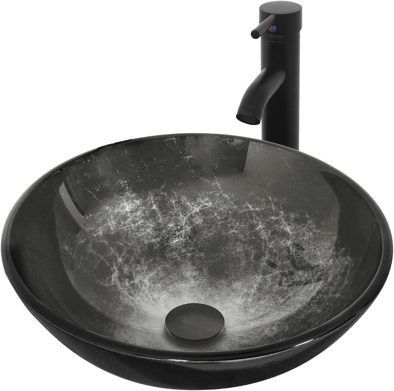 bathroom artistic vessel sink, tempered glass vanity round bowl with oil rubber bronze faucet and pop up drain set, black