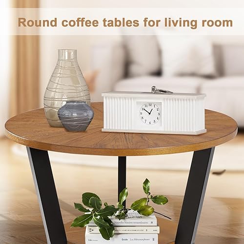 Miniatura 4 de Mesa auxiliar, mesa auxiliar redonda de madera para sala de estar con mesa de 2 niveles con estante de almacenamiento, diseño de soporte triangular