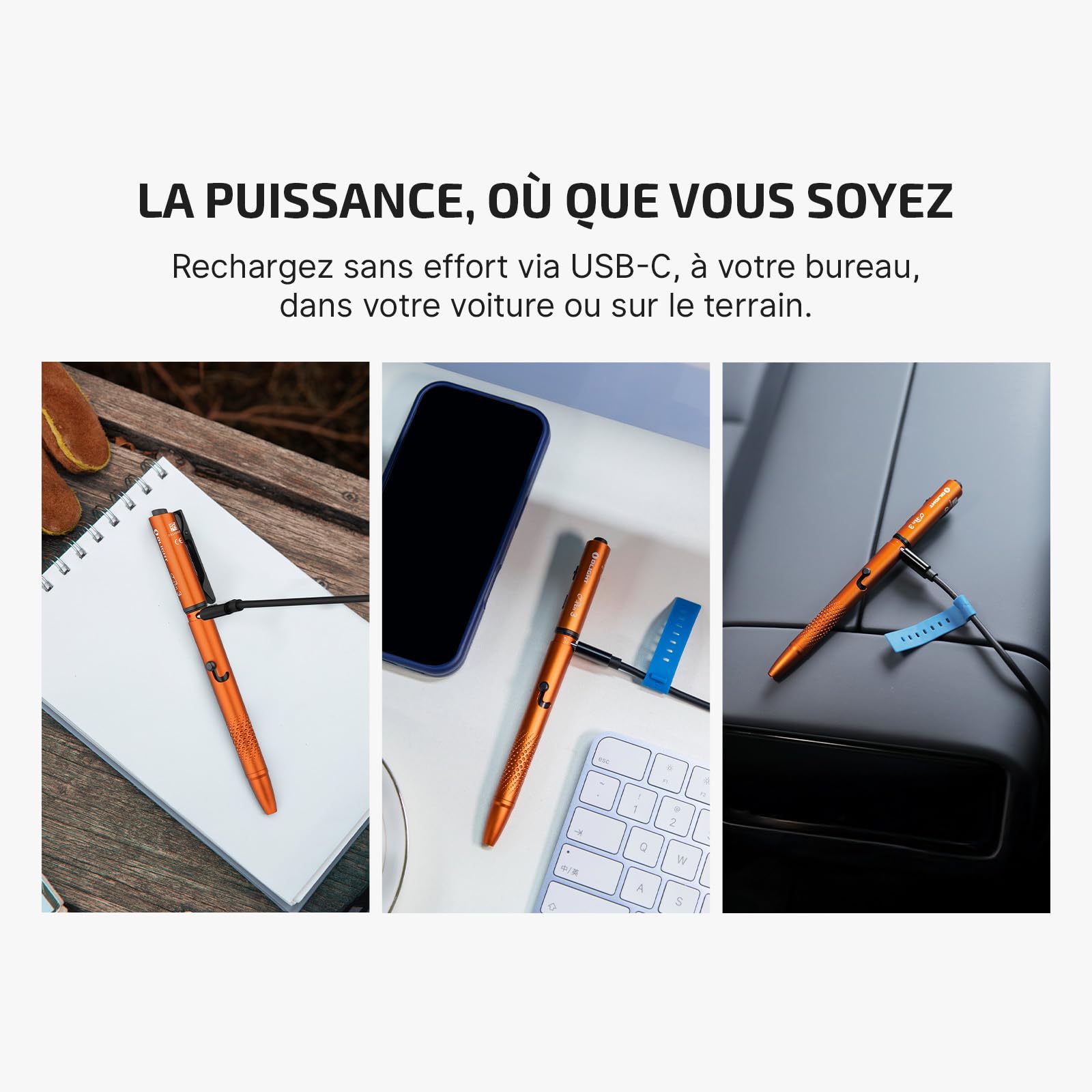 OLIGHT Open 3 Stylo Lampe Bille EDC 4 en 1 avec Mini Torche Rechargeable USB LED 120 Lumens Cadre en Aluminium Multifonction Robuste Durable et Portable pour Le Bureau, Le Cadeau, L'école(Orange)