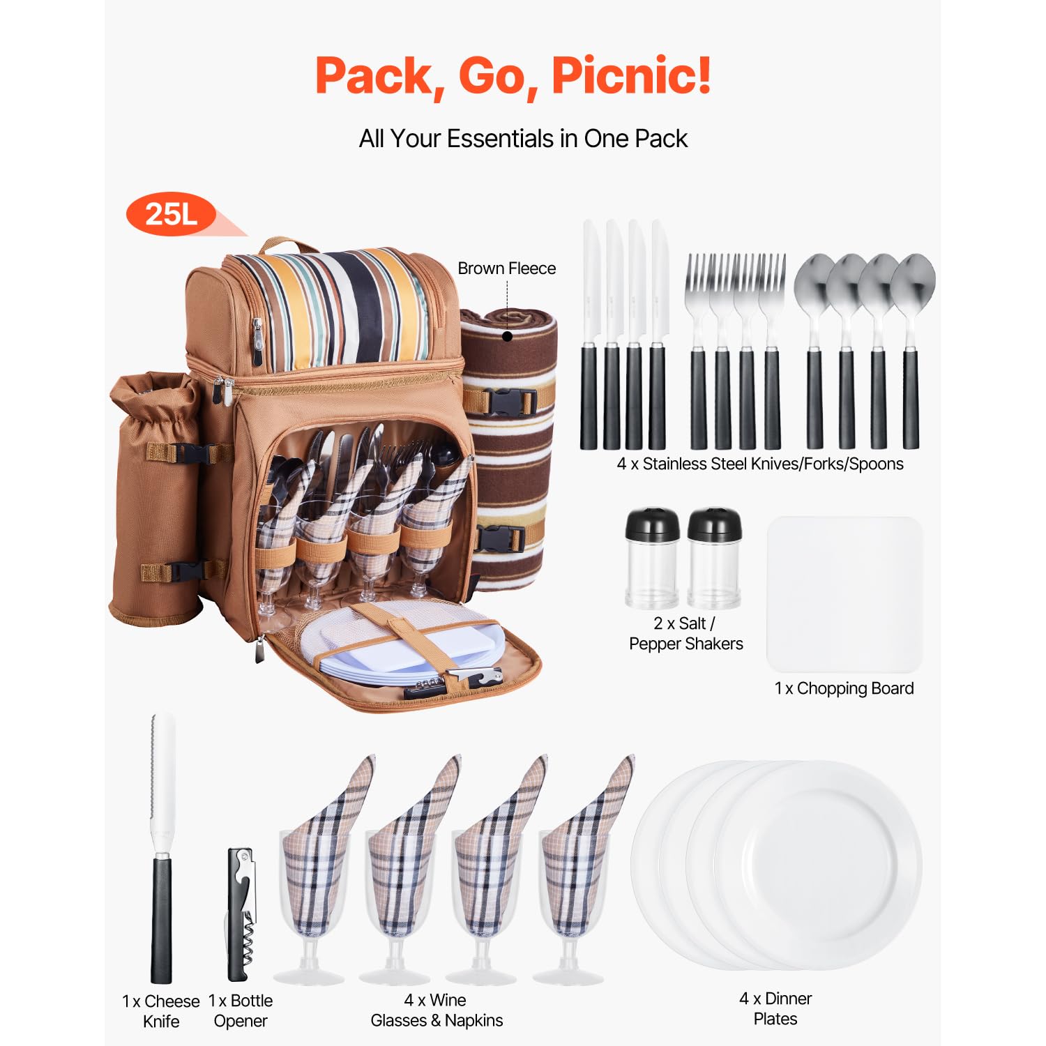 Happybuy Brown Picnic Backpack: Your All - in - One Outdoor Dining Solution. Sized for Four, This Backpack Comes with an Insulated Cooler, Detachable Bottle/Wine Holder.