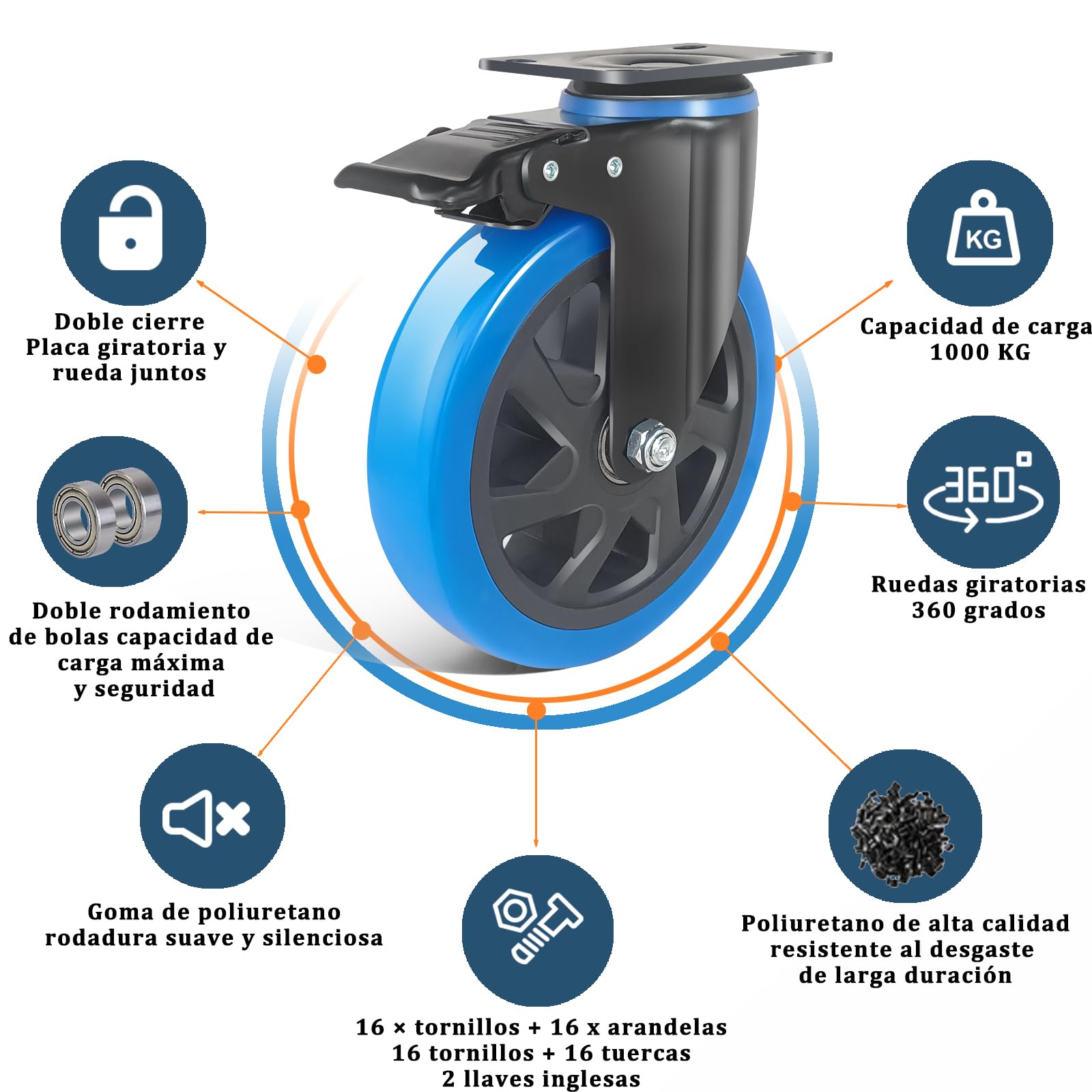 Ruedas para Muebles Pesados 150mm con Freno, Set de 4 PU Ruedas Giratorias Hasta 1000kg, 360 Grados Ruedas para Mover Muebles, Carros, Equipamiento