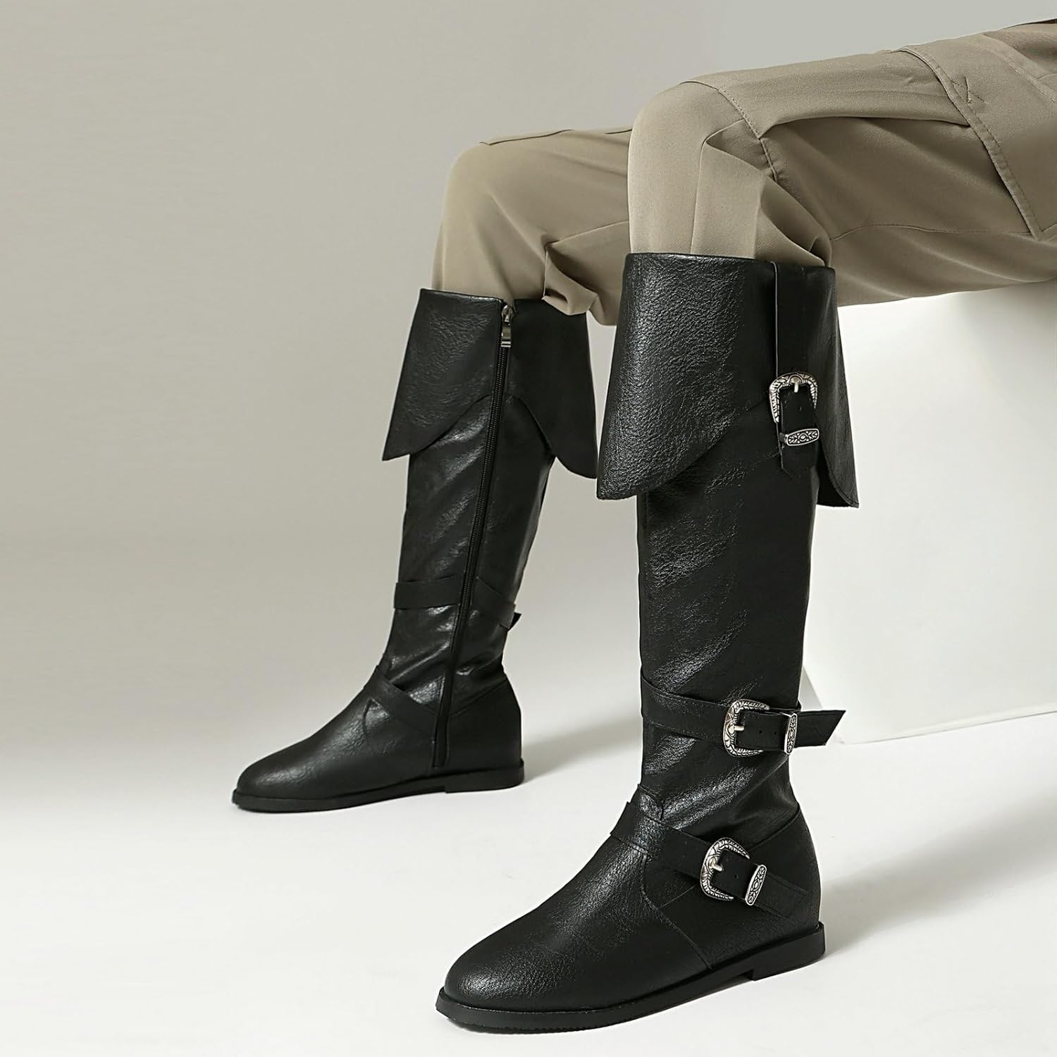 Betastella Womens Pirate Costume Boots Medieval Renaissance Knee High Flat Boots Buckle Vintage Halloween Cosplay Shoes