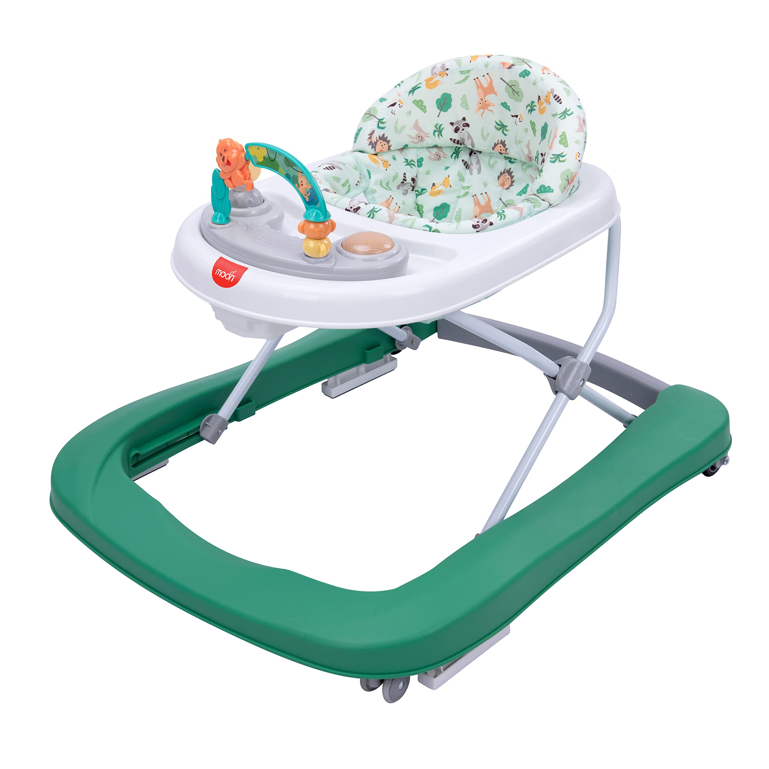 The Moon Brand Stride Height Adjustable Baby/Child Walker with Music-food tray and Toys Play Tray-(From 6 Months To 18 Months)- Green