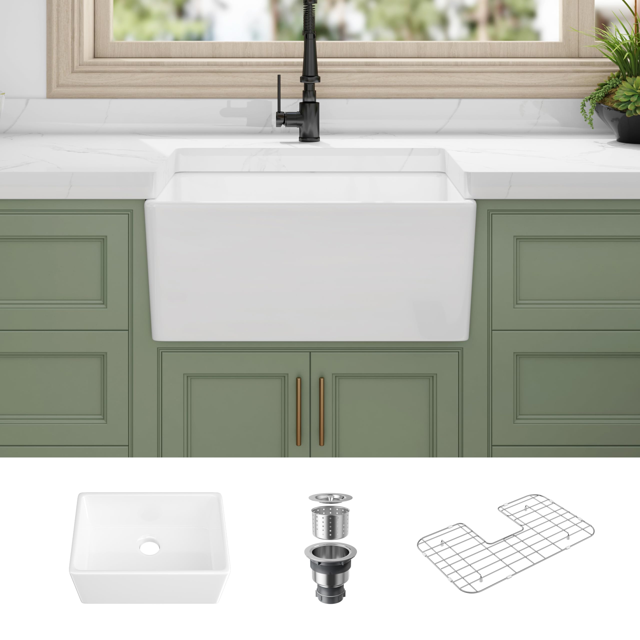 Eridanus 24" x 16" White Farmhouse Apron Sink - Undermount, Single Bowl with Grid & Strainer Drain