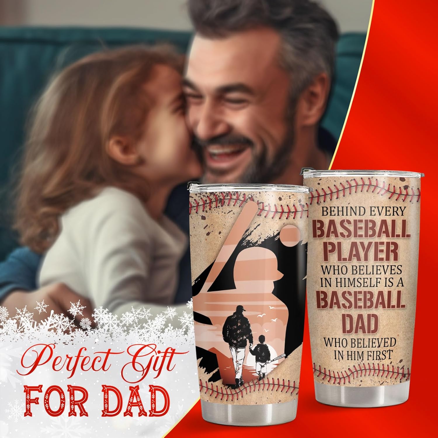 34HD Baseball Dad Tumbler with Lid 20oz Stainless Steel, Behind Every Player Travel Coffee Cup for Father's Day Gift - Birthday Present to Daddy, Him, Grandpa & Husband - Image 4