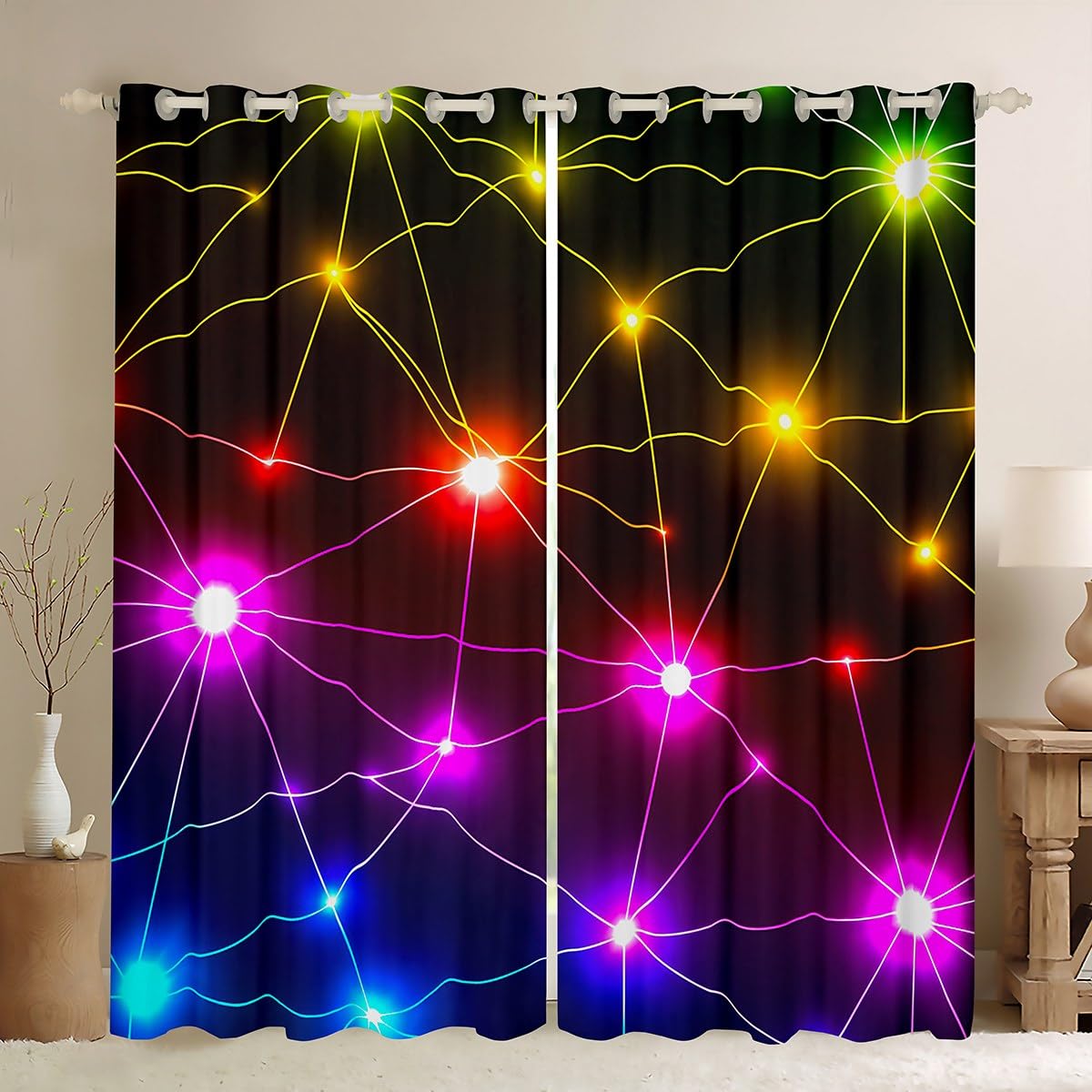 Homemissing Neon Light Stripes Curtains(2 Panels,W52*L90) For Kids Boys Girls Teens Geometric Modern Art Darkening Blackout Window Curtains Abstract Stripe Line Window Treatments โ image 1