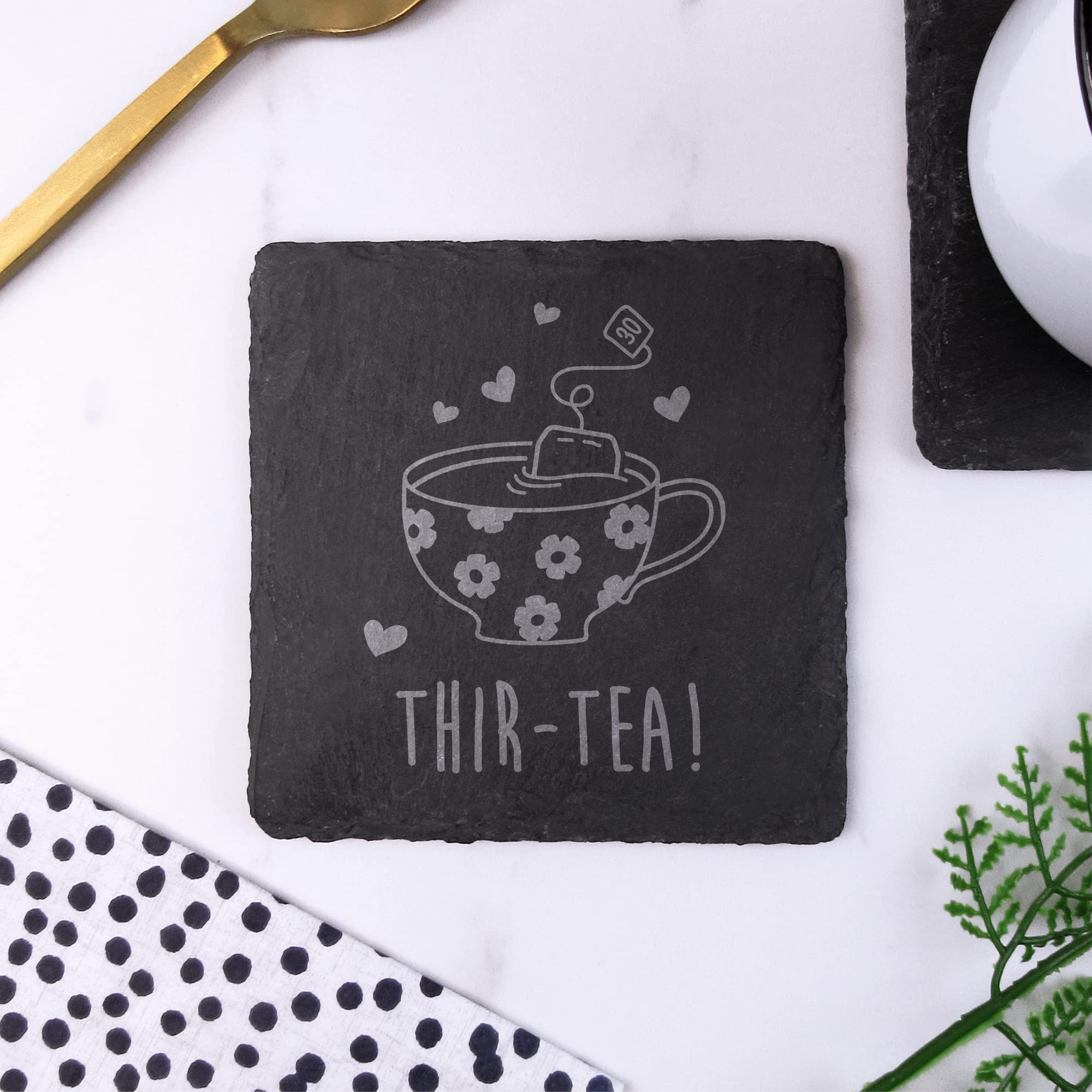 eBuyGB Engraved Square Slate Coaster -THIR-Tea Design - 30th Birthday Gifts for Women, Her - Thirtieth Birthday Gift for Mum, Friend, Sister, Auntie - Drinks Mat