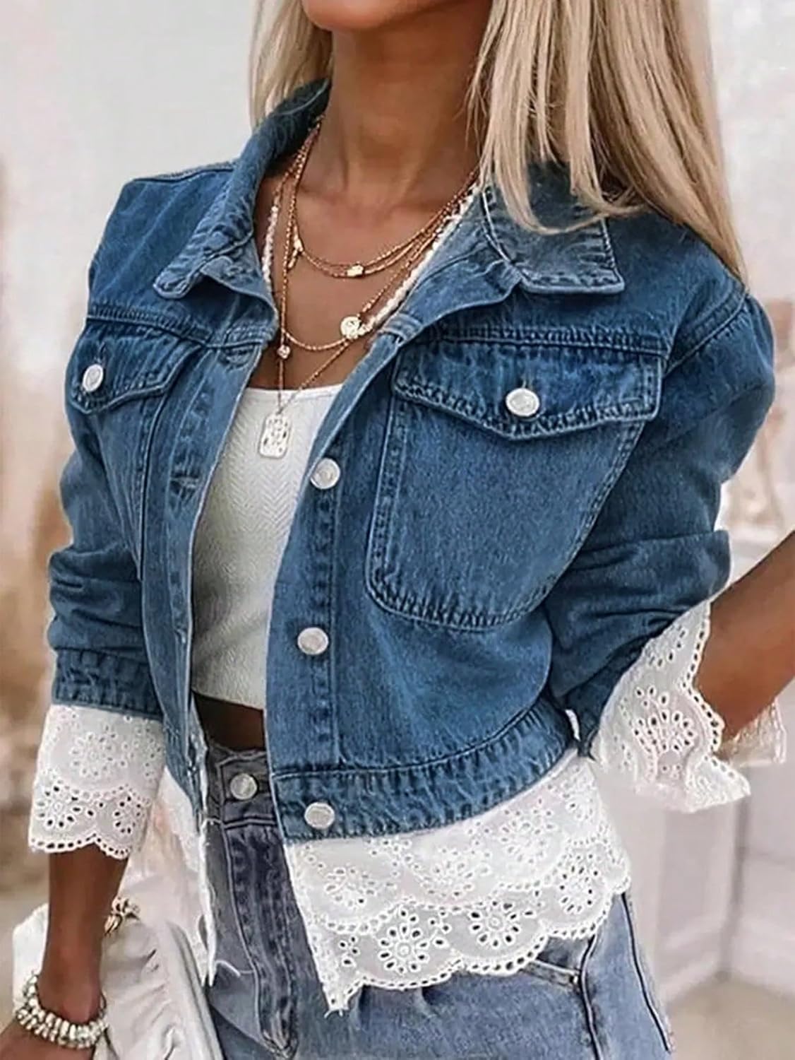 Jean Jacket Women Trendy Color Block Lace Denim Jacket Oversized Long Sleeve Button Down Barn Jackets Shacket Outwear