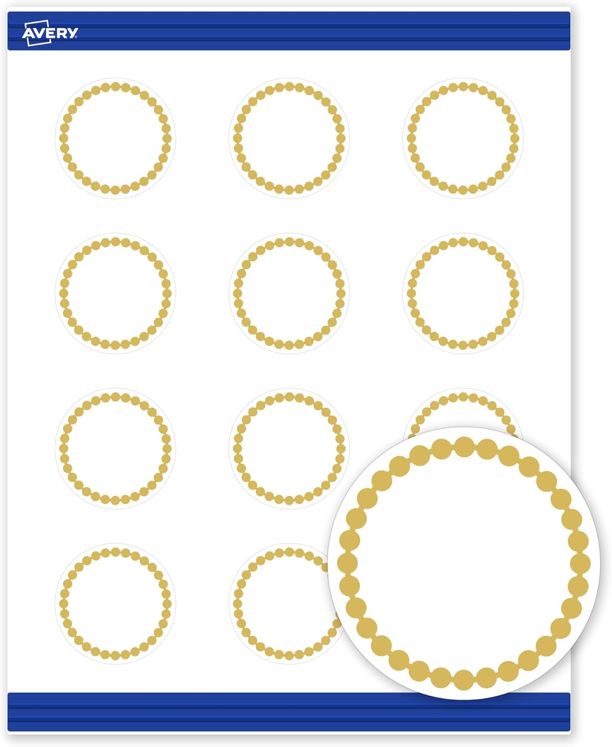 Avery Printable Round Cards, 2" Diameter, Matte White, Pre-printed Gold Beads Design, Sure Feed Technology, Laser & Inkjet Compatible, 240 Total, Great for Product Tags