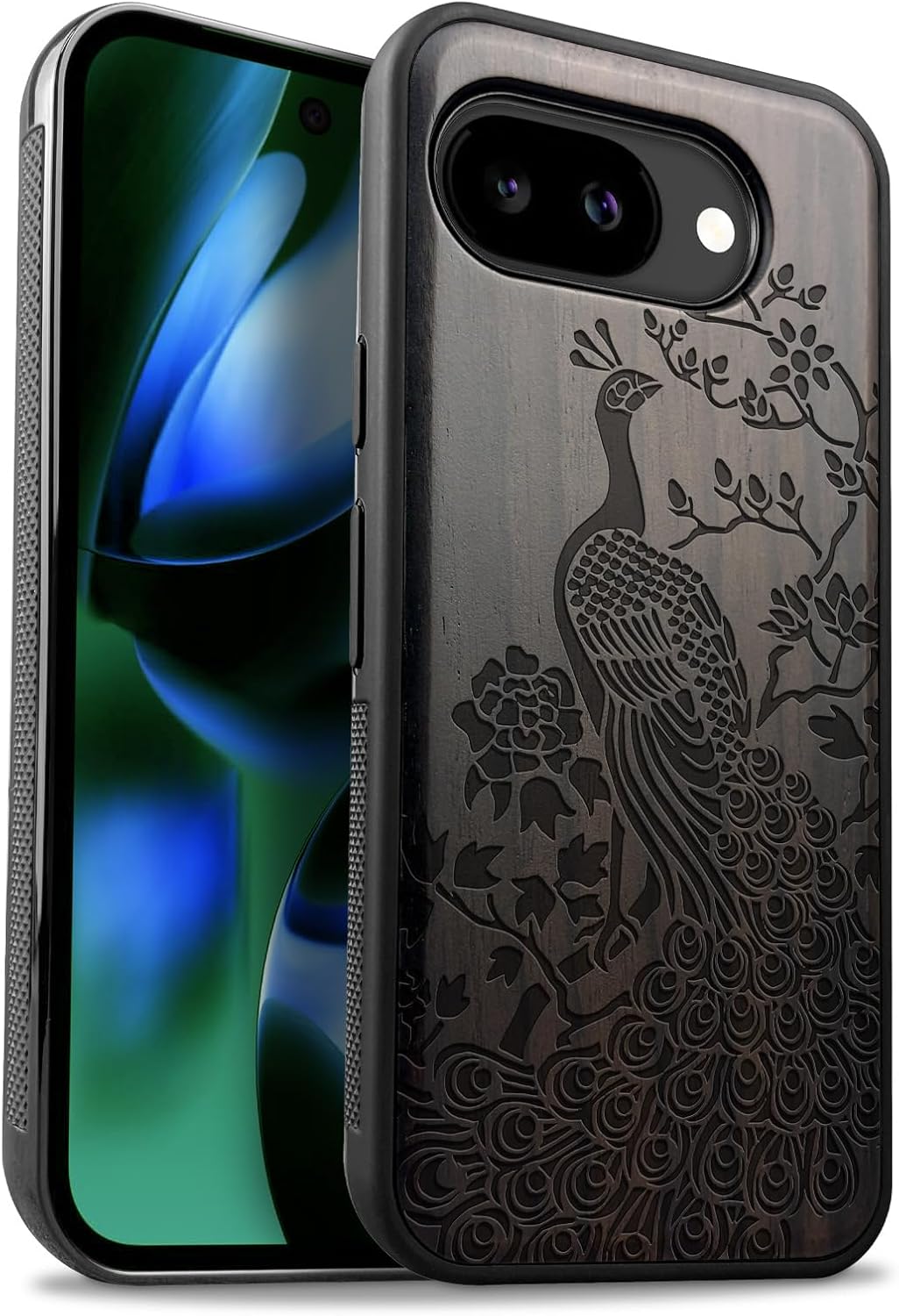 Carveit Magnetic Wooden Case for Google Pixel 10a Case, Wood Artisan Engraved & Soft TPU Shockproof Cover, Compatible with MagSafe Wireless Chargers (Asian Peacock) Blackwood
