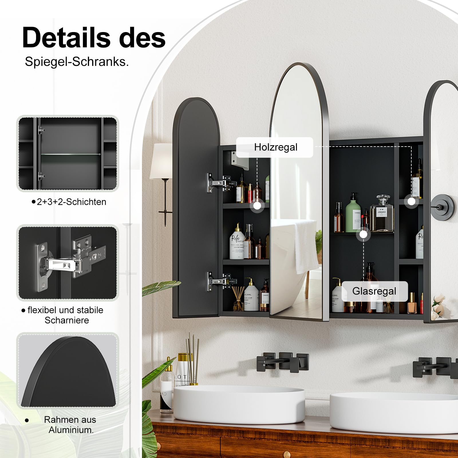KEEPREAPER Spiegelschrank Bogen, Badezimmerschrank mit 2 Spiegel Arched, Badschrank hängend mit 3 Ablagen und 2 Tür für Badezimmer modern,61x12x70cm (schwarz mit 3 Türe)