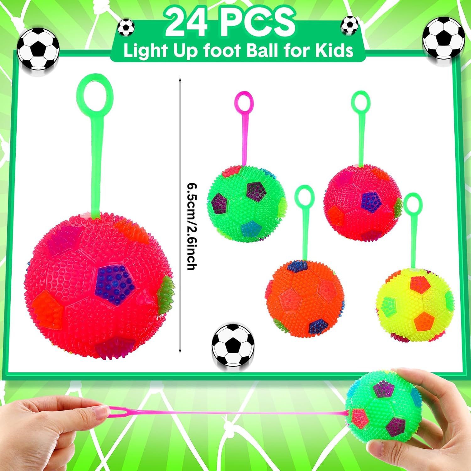 Wettarn 24 Pack Light up Spiky Balls for Kids 2.6" LED Glow Bouncy Balls Bulk, Flashing Sensory Fidget Stress Ball Party Favors for Classroom Prizes Goodie Bag Stuffers Birthday Gifts(Soccer)