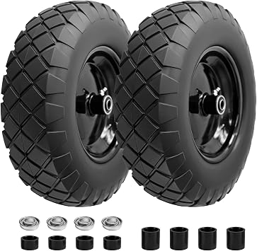 Upgraded 16" Flat Free Wheelbarrow Wheels and Tires, 4.80/4.00-8 Solid Rubber Tires with 5/8" & 3/4" Bearings, 14"-16" Universal Fit Wheelbarrow Wheels for Wheelbarrows/Garden Trailer, 2 Pack