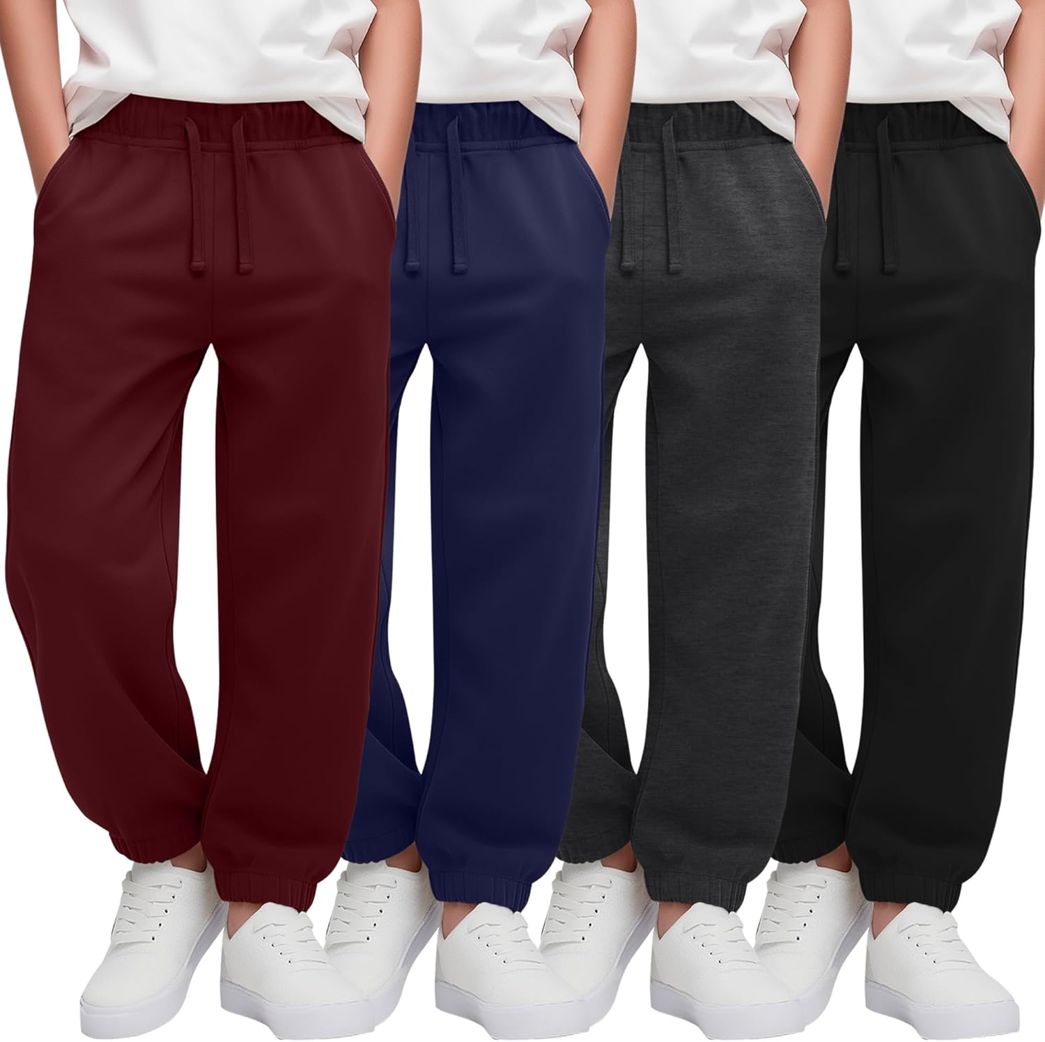 4 Pack Boys Joggers Athletic Drawstring Sweatpants Kids Relaxed Fit Soft Sweat Pants Size 5-14 Years with Pockets
