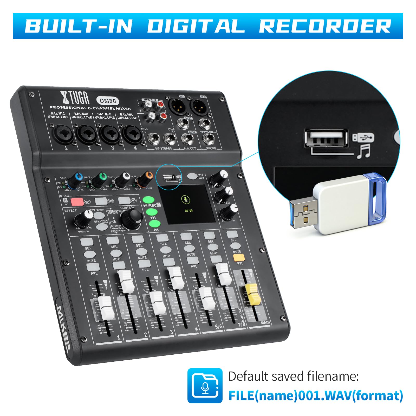 XTUGA Mixer digitale a 8 canali, multitraccia con mixer alimentato (DM80) | Qualità da studio, 24 bit/48 kHz, mixer DJ per live streaming/home studio/produzione musicale/podcast