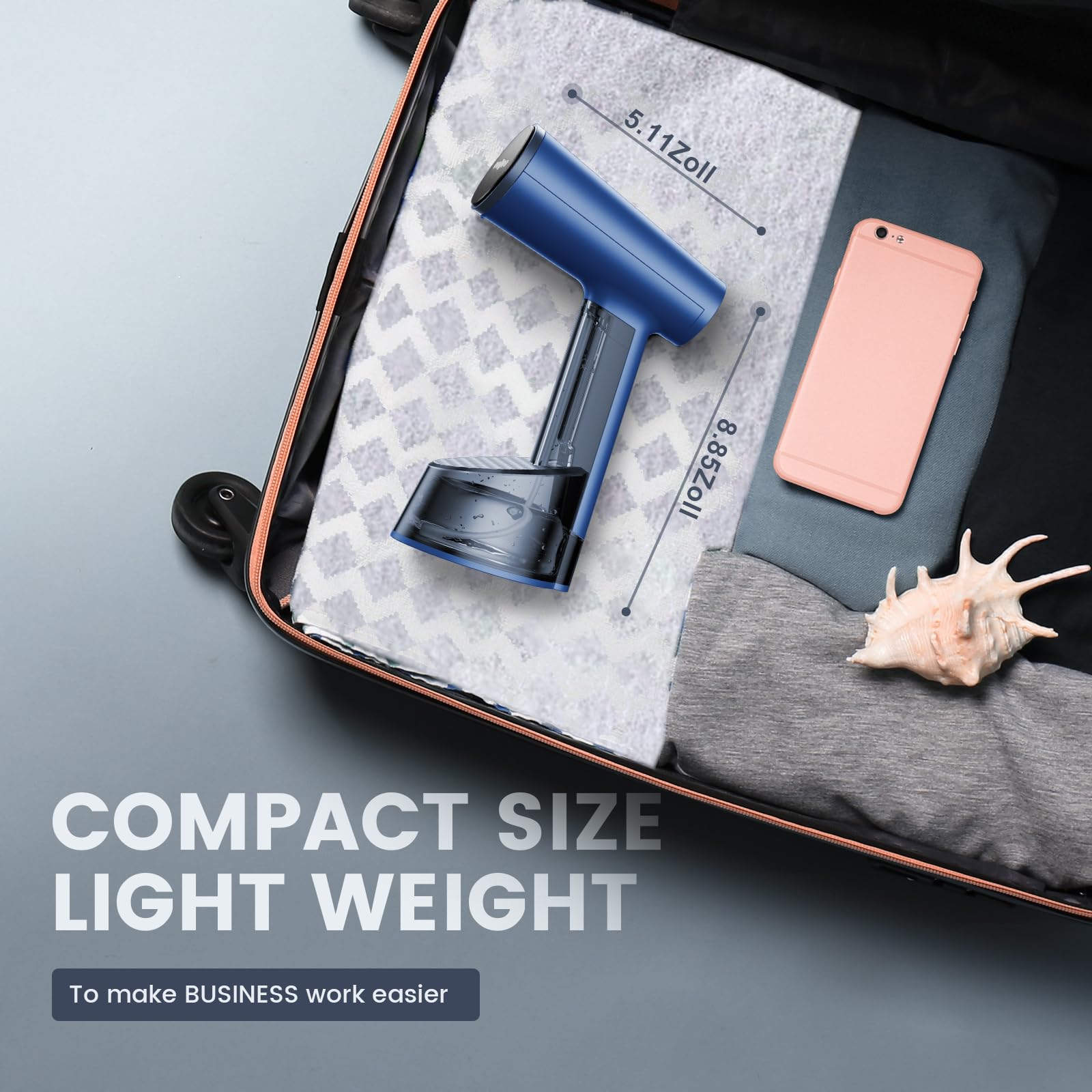 FMK Vapeur à vapeur portable pour vêtements de voyage, tête de vapeur métallique, temps de chauffage de 20 secondes, système de pompe, mini taille, vapeur à main pour tous les tissus, pas, bleu