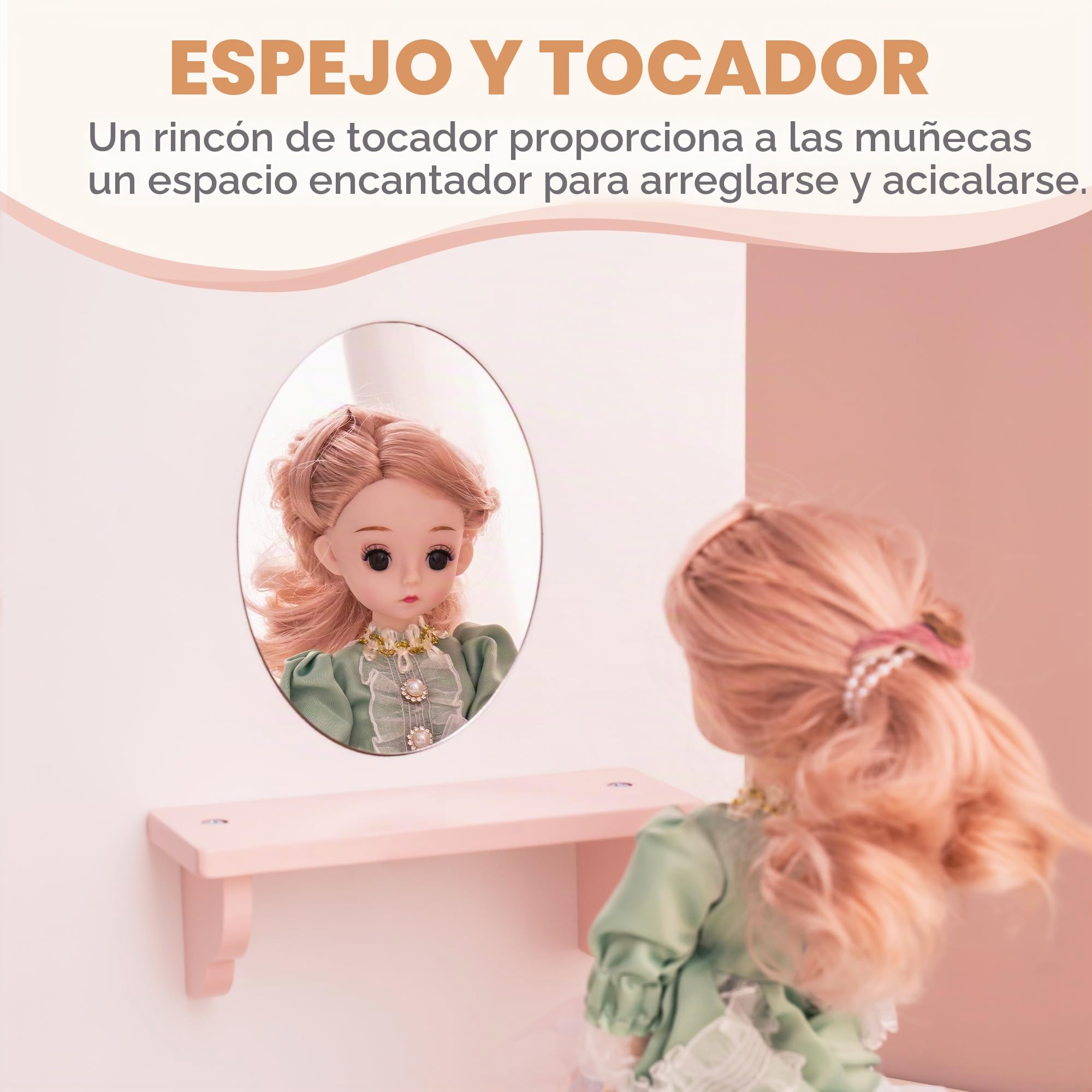 ROBUD Armario de madera para muñecas con espejo y 5 perchas para niños a partir de 3 años