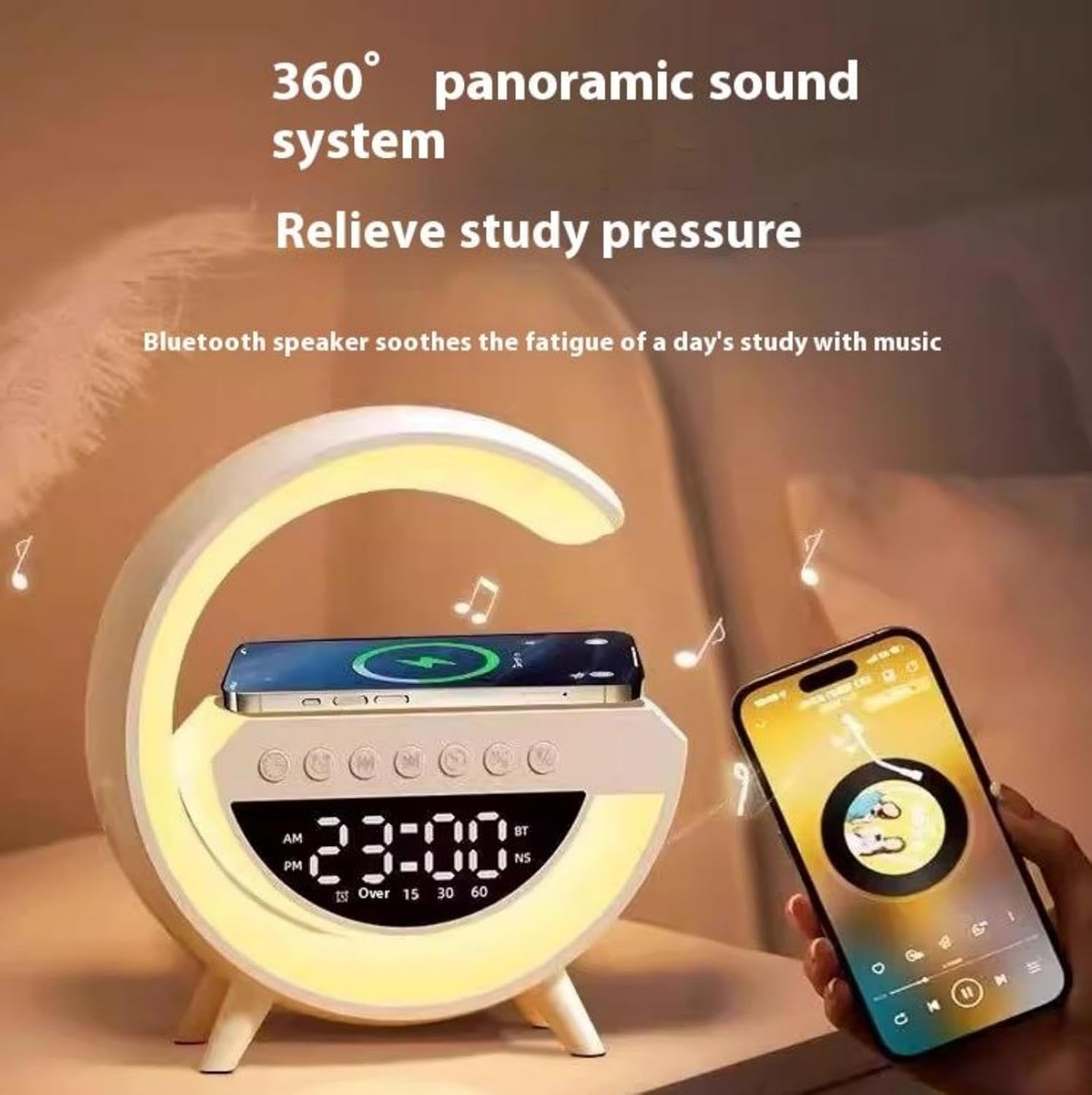 Dewould Mini G-Type device with a smartphone playing music, illustrating 360-degree sound