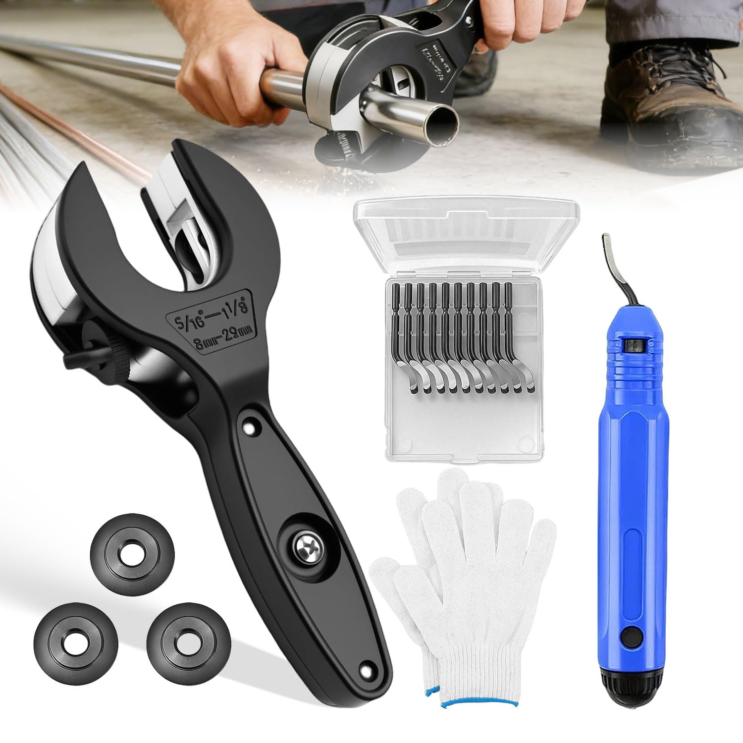 8-29 mm Trinquete Cortatubos PVC de Tubos con 3 Cuchillas de Repuesto Herramienta de Desbarbador Multicapa Guantes y Apto para Tubos de Corta Tubo Cobre Acero Inoxidable Acero Aluminio y PVC